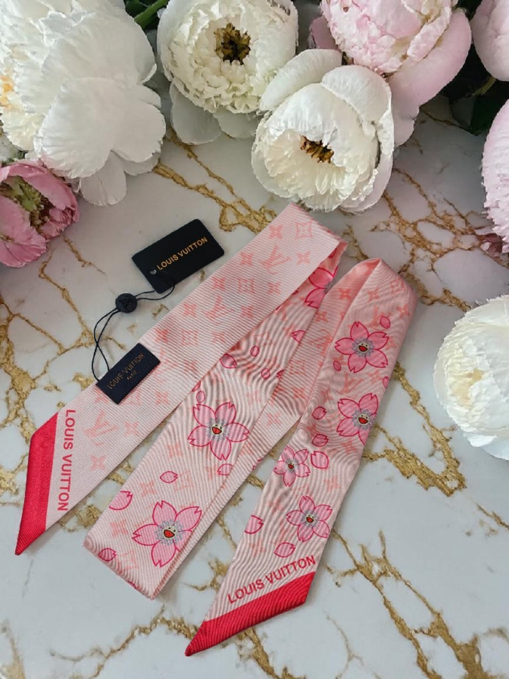 Louis Logo 100% Silk Bag/ Hair Scarf Made in Italy Pink Blossom