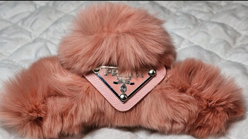 Prada Logo Charm Pink Fur Hair Claw Clip