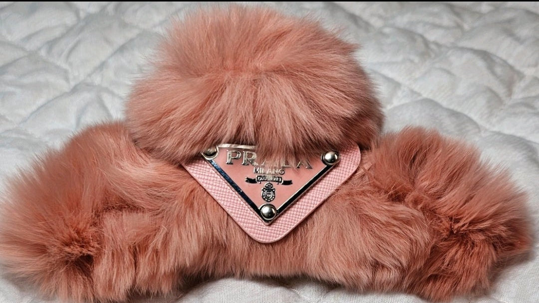 Prada Logo Charm Pink Fur Hair Claw Clip