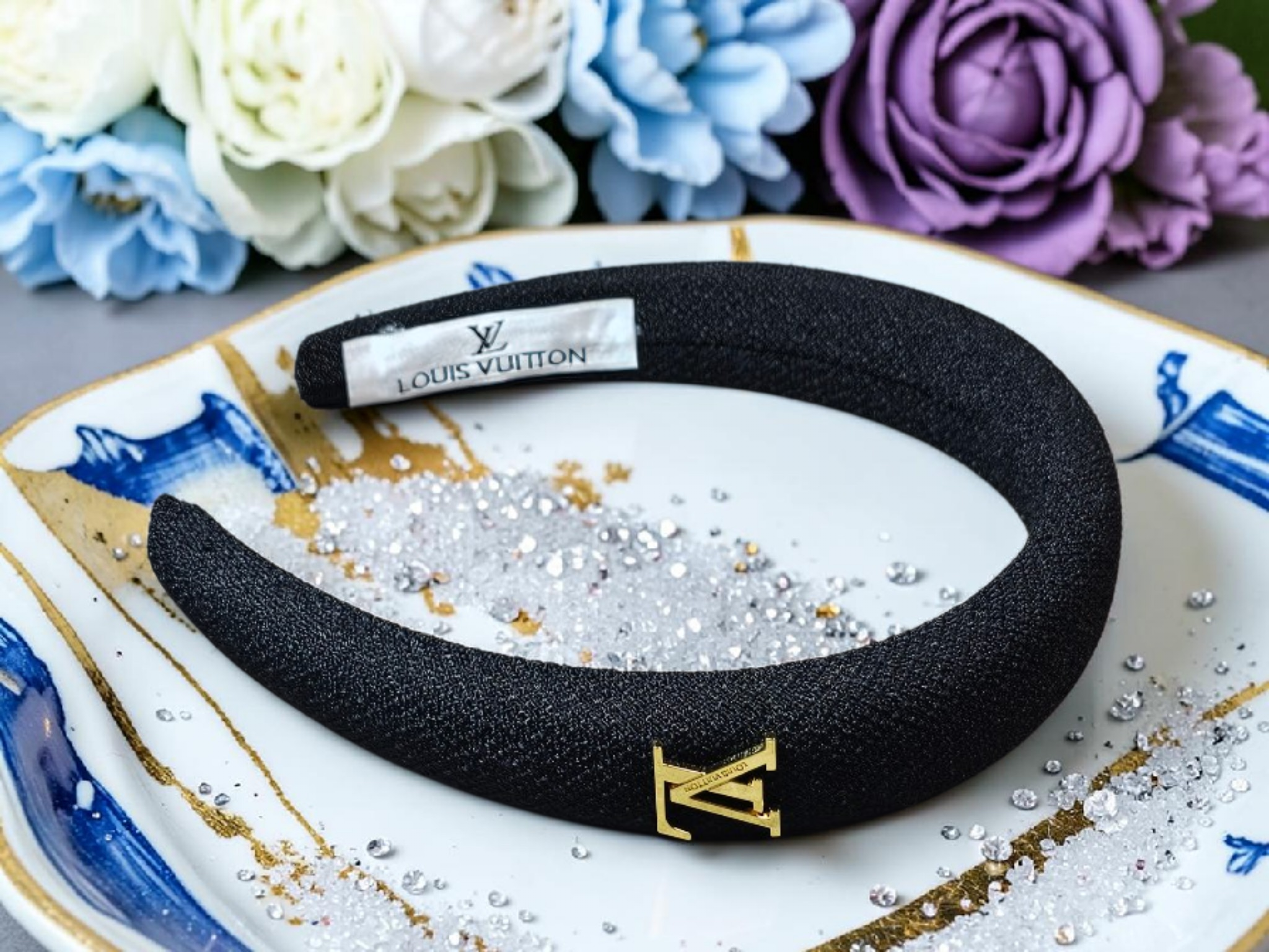 Louis Logo Charm Headband Black Denim Tagged
