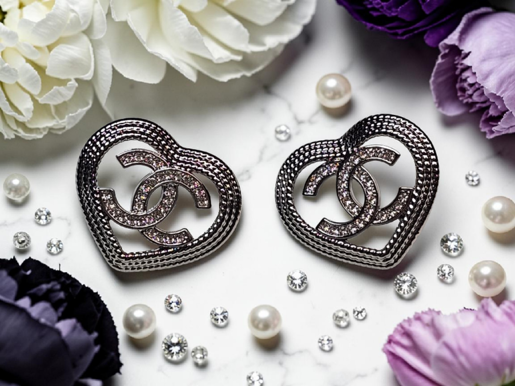 CC Logo charm Silver Heart Stud Earrings Pierced Ears