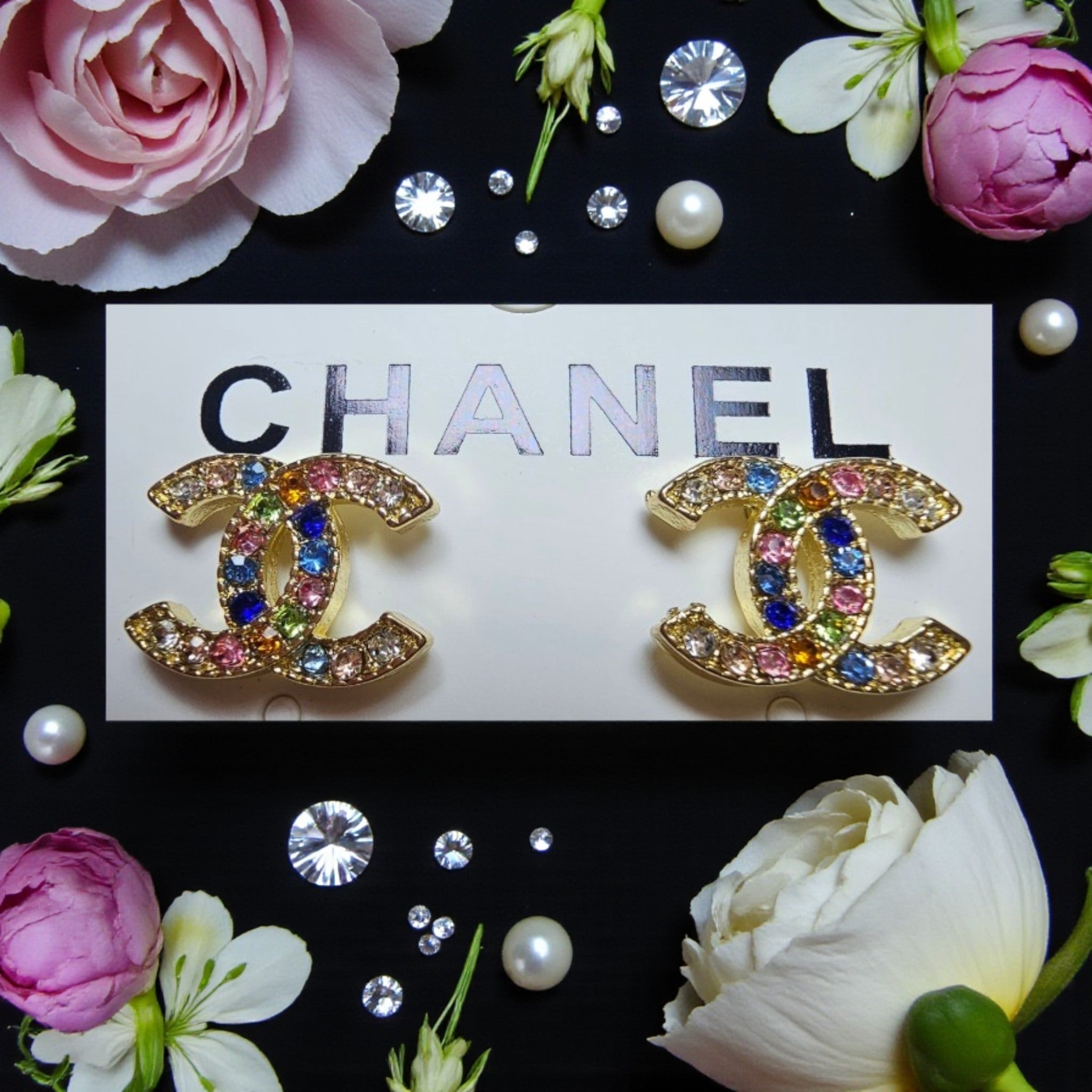 18K Gold plated CC logo multicolor gemstone pierced earrings