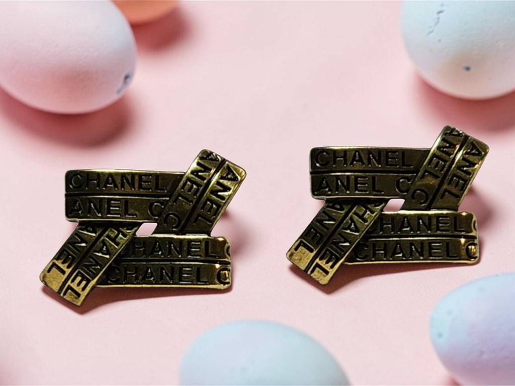 Chanel Antique Gold Charm Crossbar Pierced Earrings