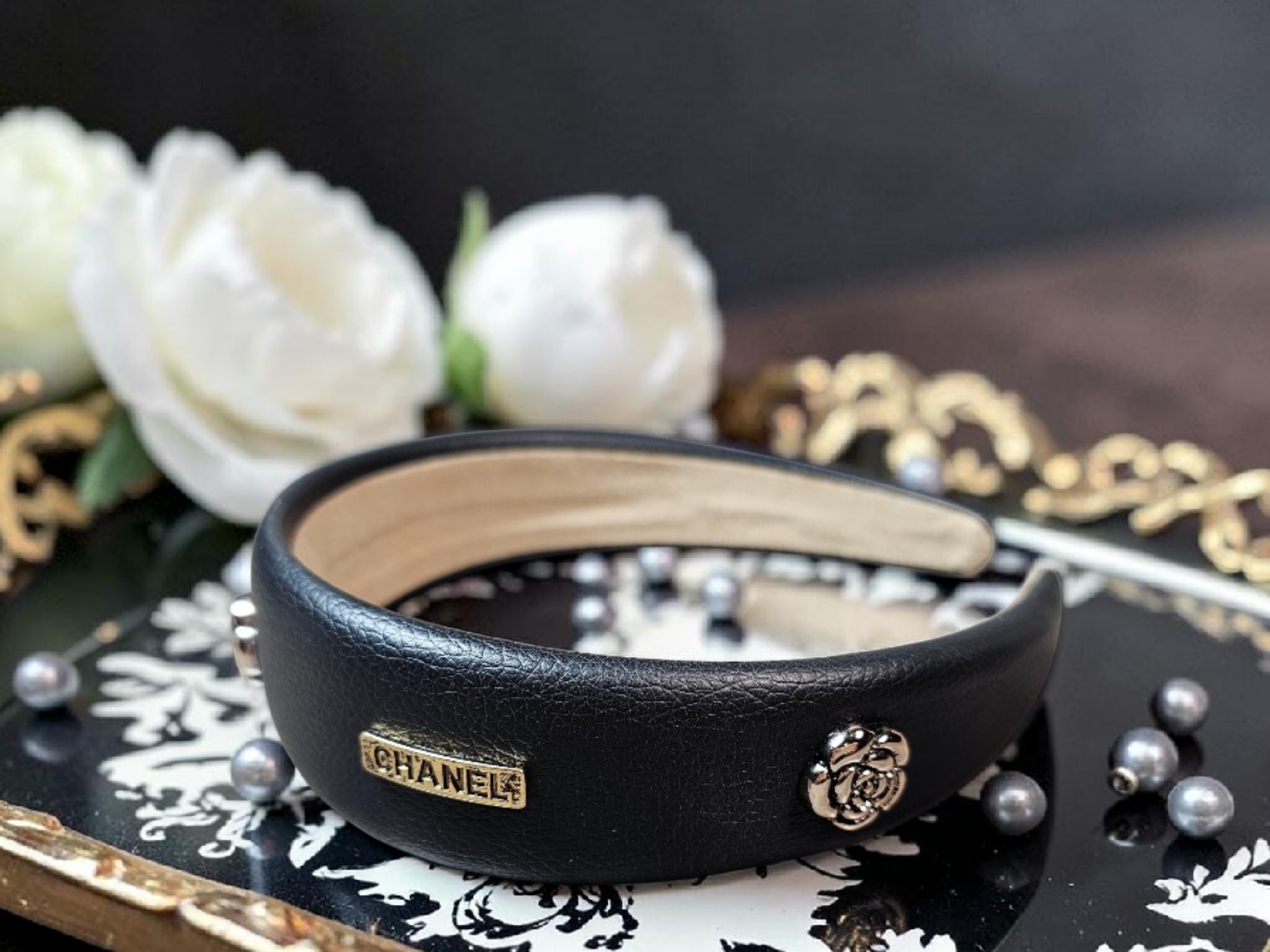 Camellia Charm Black  Leather Headband Summer
