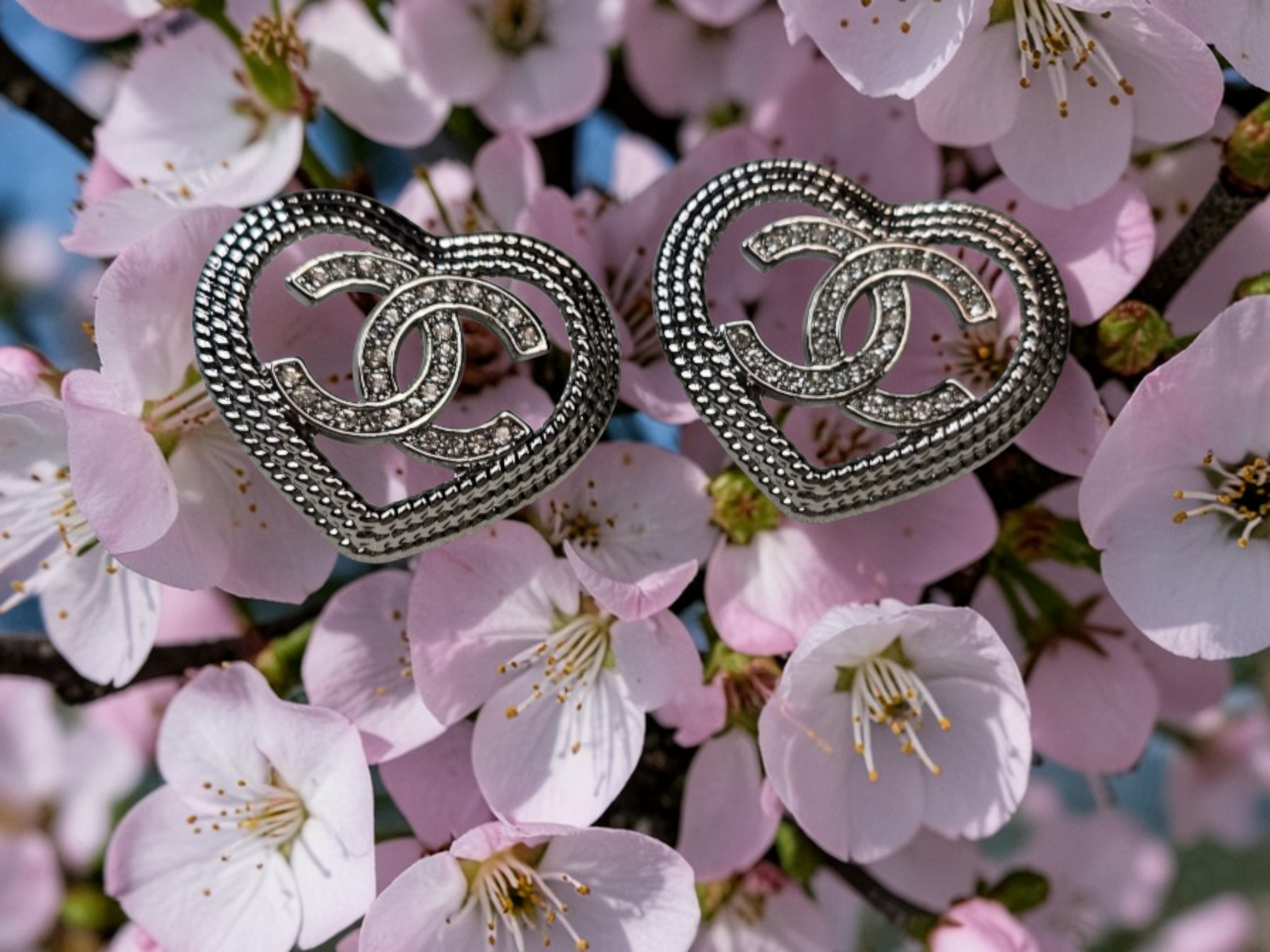 Chanel logo charm Silver Heart Stud Earrings Pierced Ears