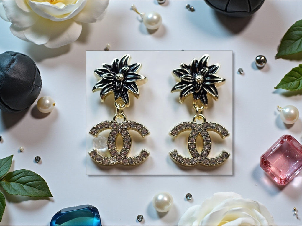 18K gold plated Floral CC logo Dangle Pierced Stud Earrings