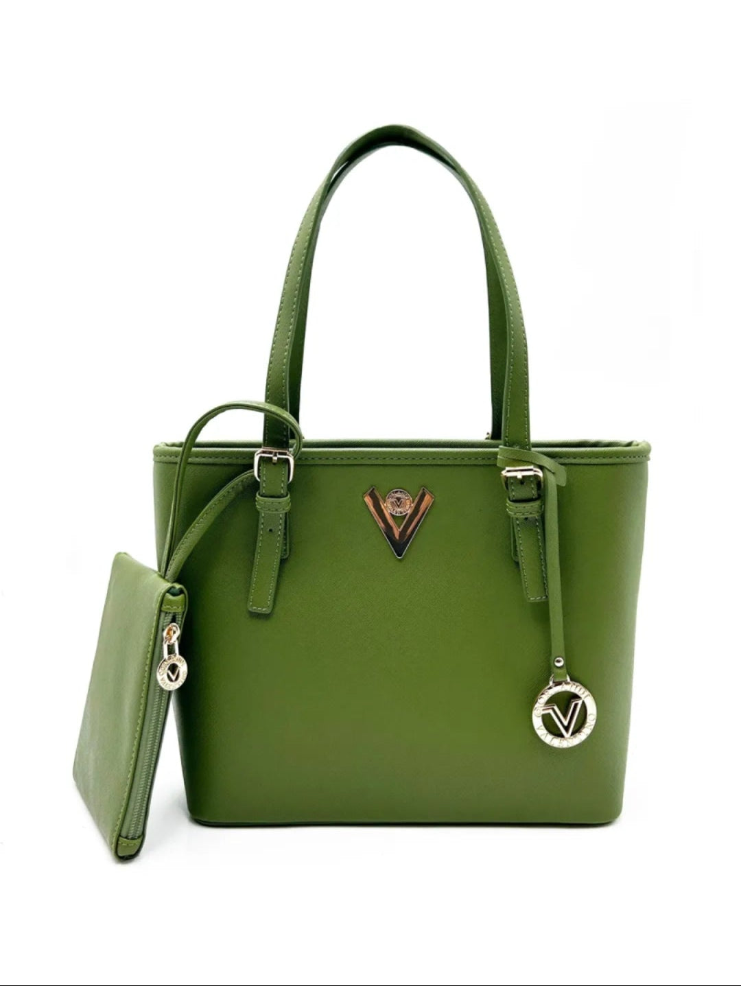 Valentino Orlandi Large Green Vegan Leather Tote w/ Matching Pouch