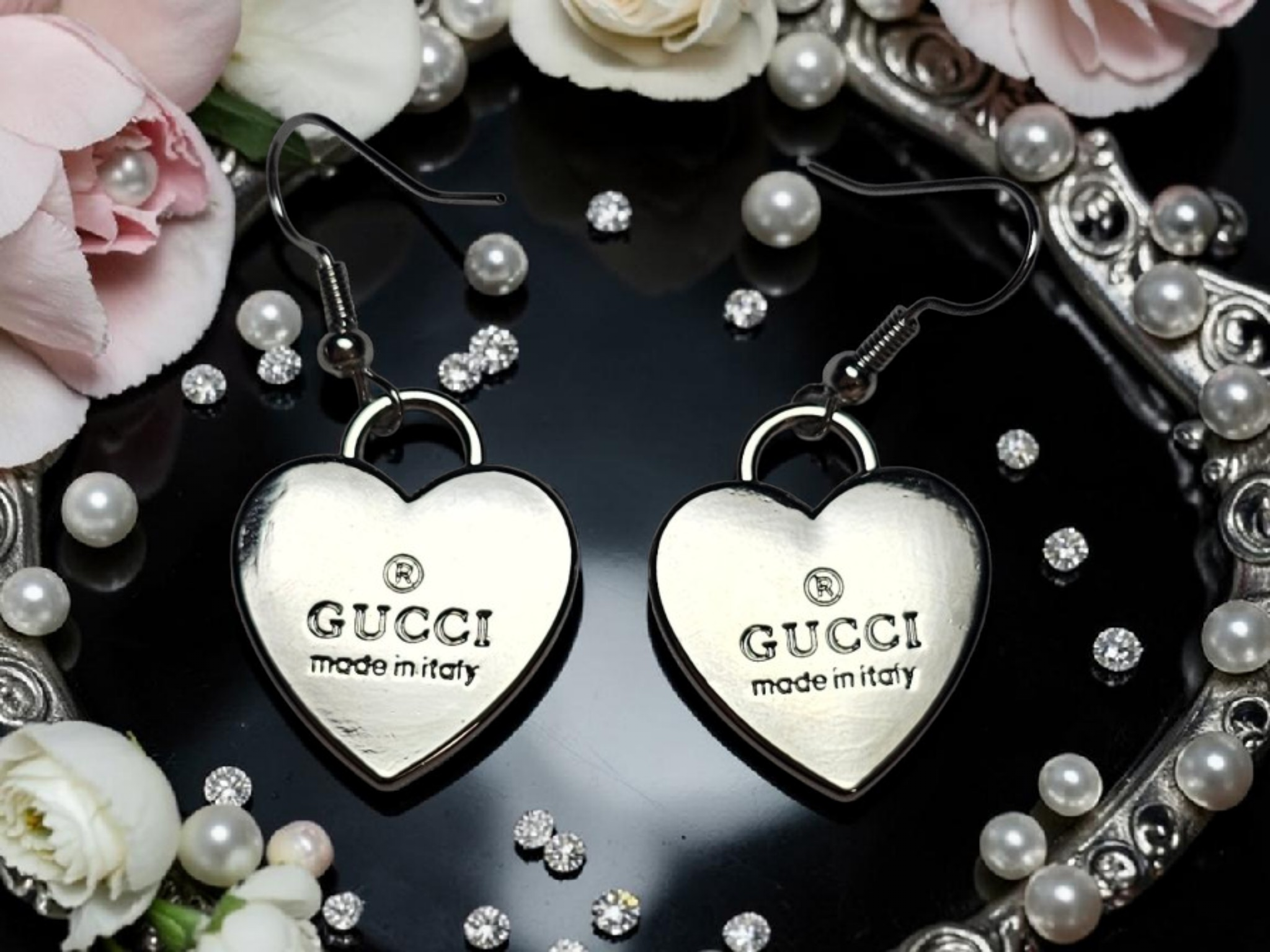 Silver Charm Heart Drop Earrings