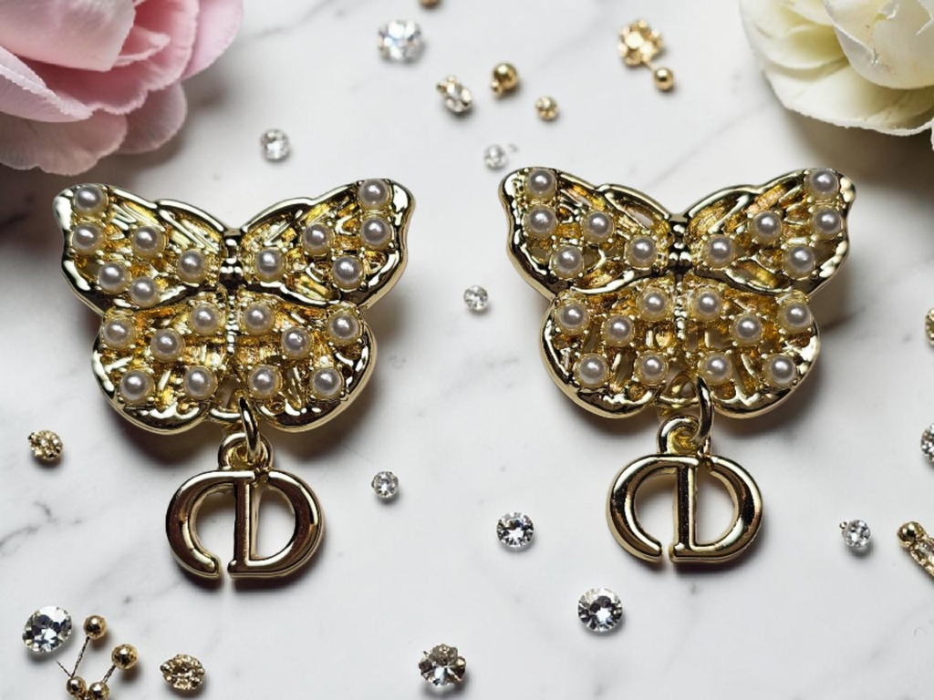 Gold Butterfly logo Charm dangle earrings