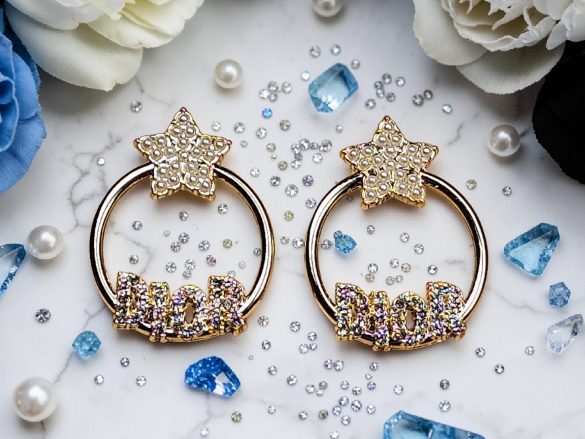 18K Gold plated CD Logo Full Gemstone Hoops