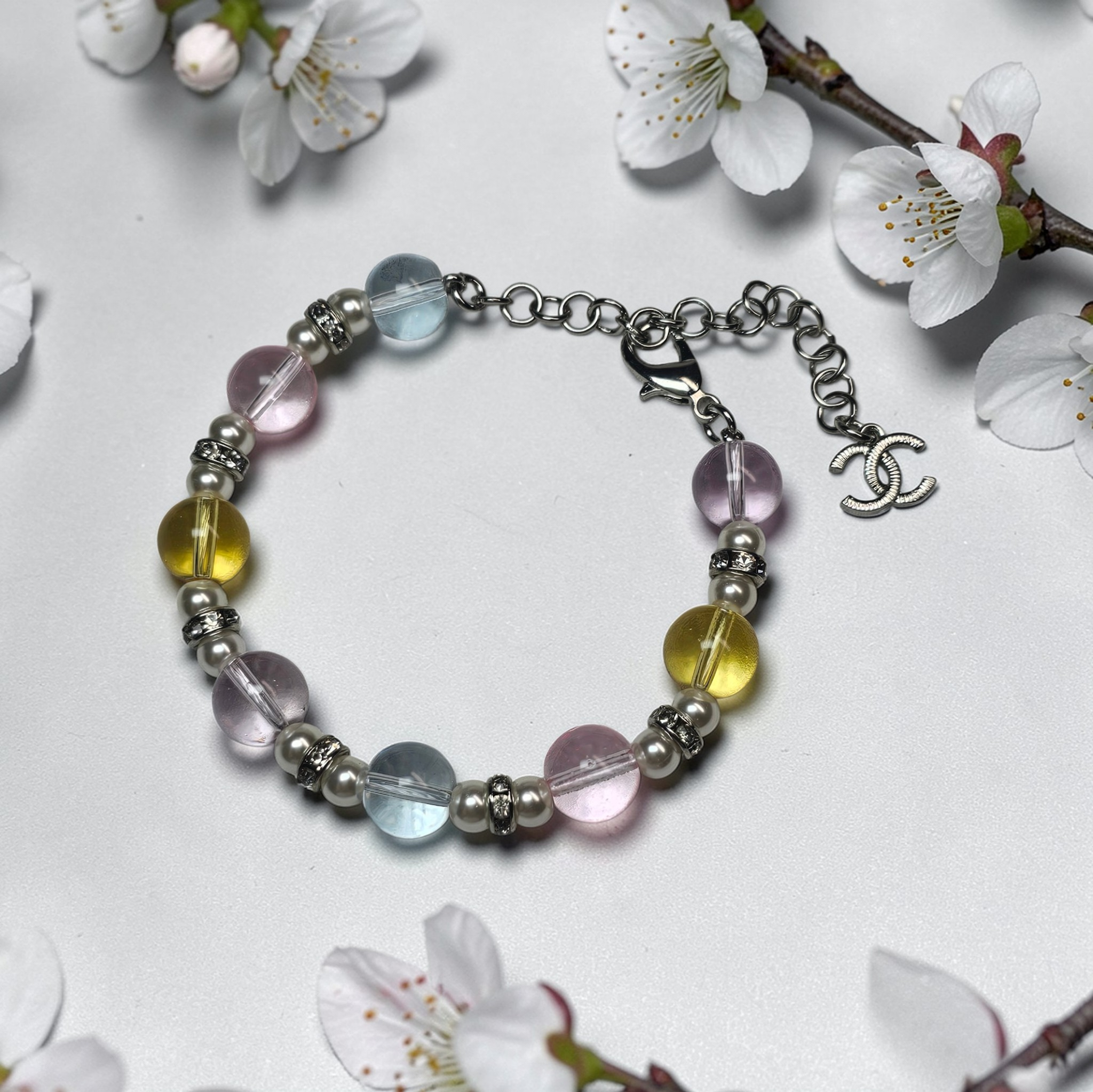 CC Logo Glass Bead Bracelet Silver