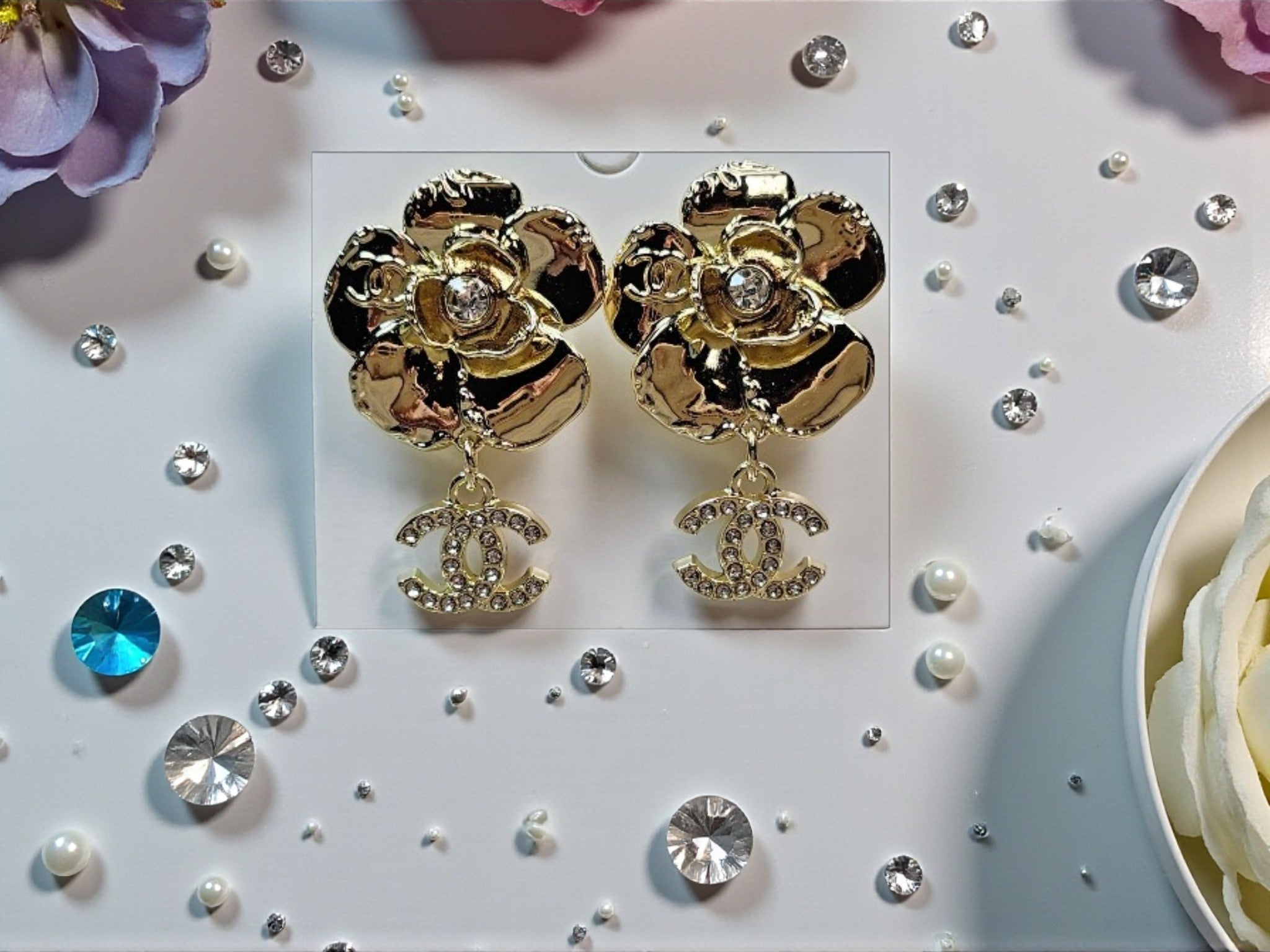 Gold plated Statement CC Logo Dangle Pierced Earrings