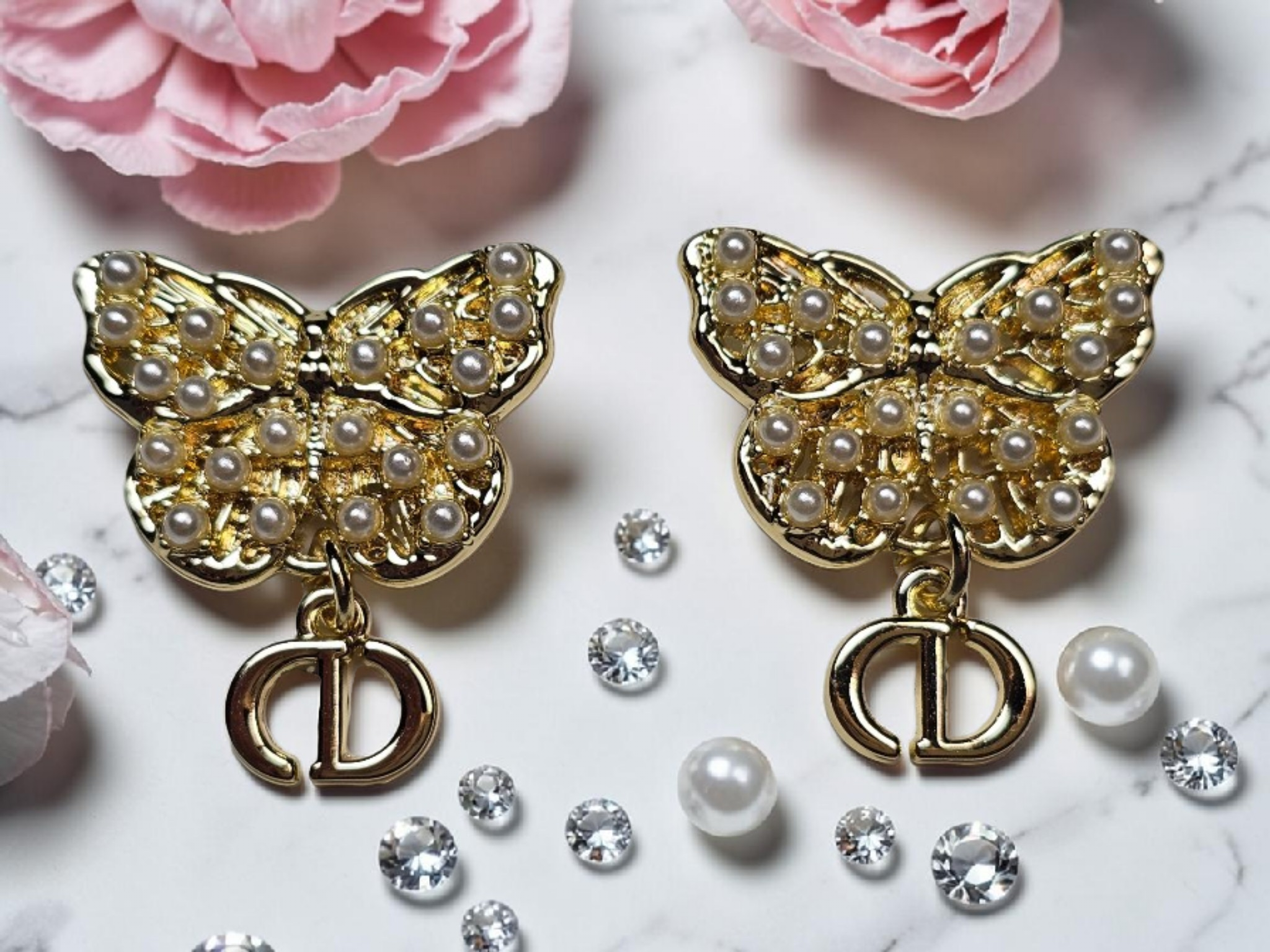 Gold Butterfly logo Charm dangle earrings
