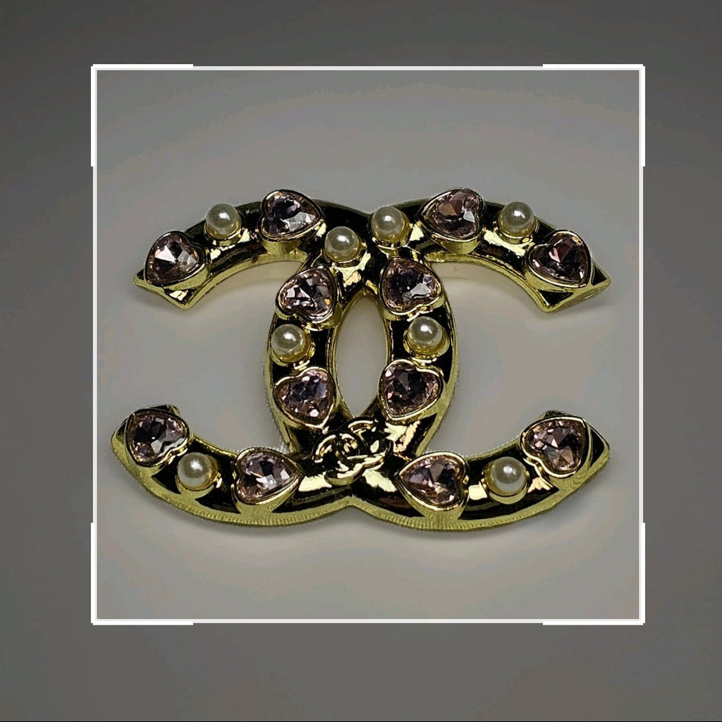 Chanel Gold & Pink Heart Charm Rhinestone Brooch