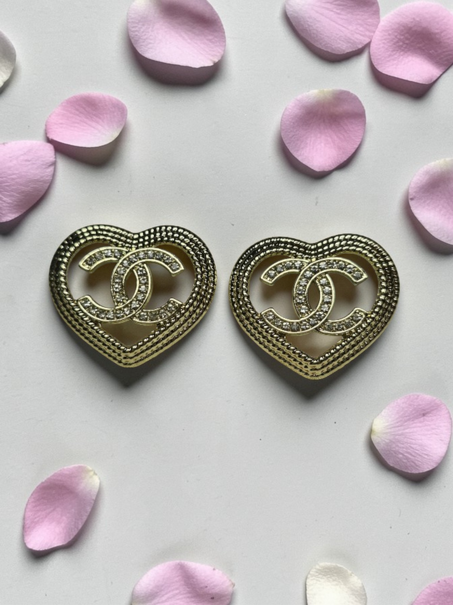 COCO Chanel Gold Heart Charm Statement Earrings
