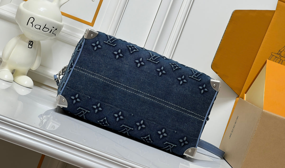 L Logo Deep Blue Denim Barrel Bag