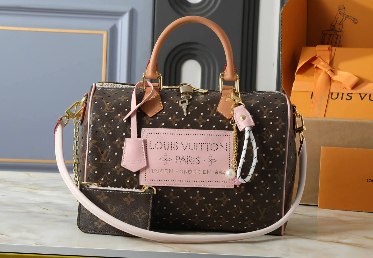 L Logo Brown Monogram Perforated Barrel Bag w/Pink