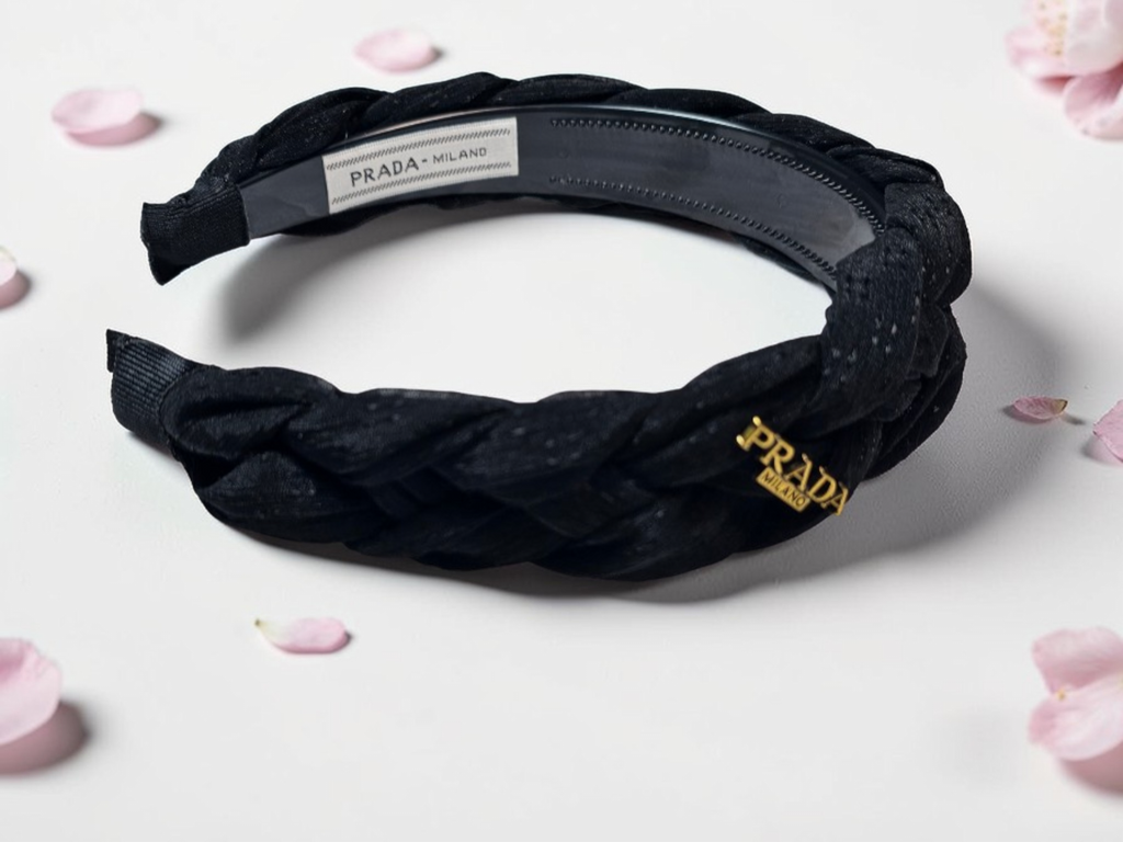 Prada logo charm Black Braided Headband Tagged New