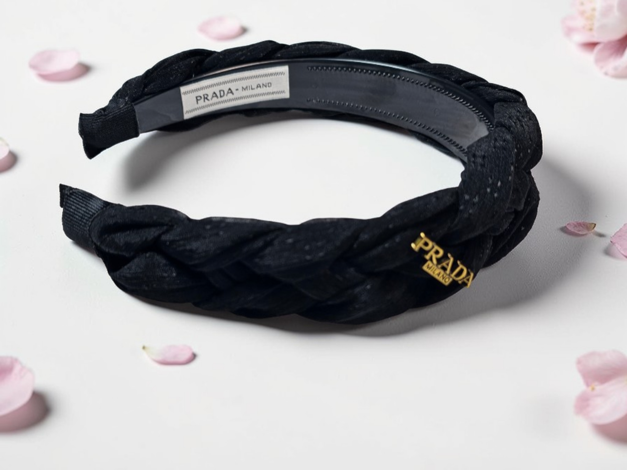 Prada logo charm Black Braided Headband Tagged New