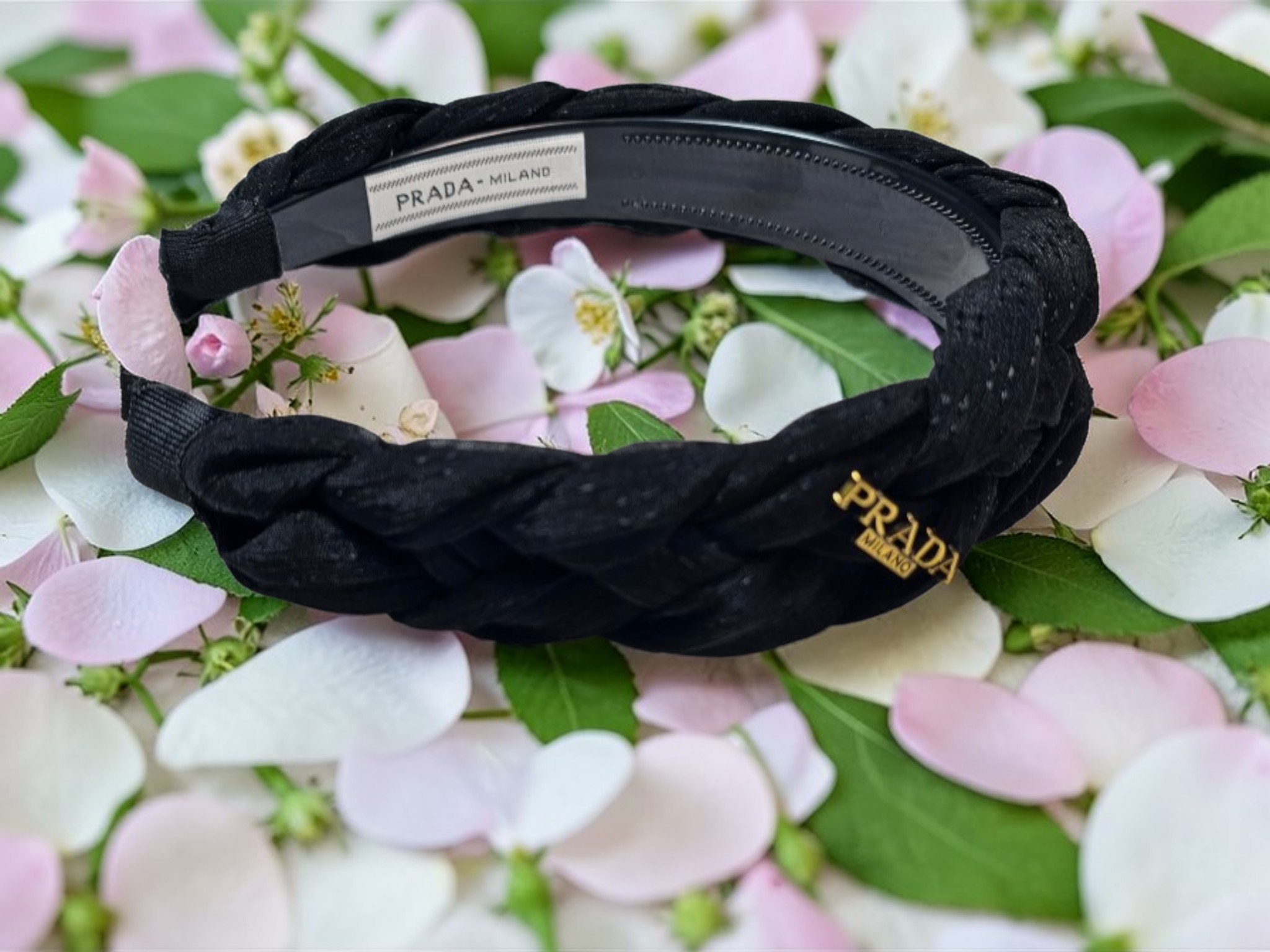 Prada logo charm Black Braided Headband Tagged New
