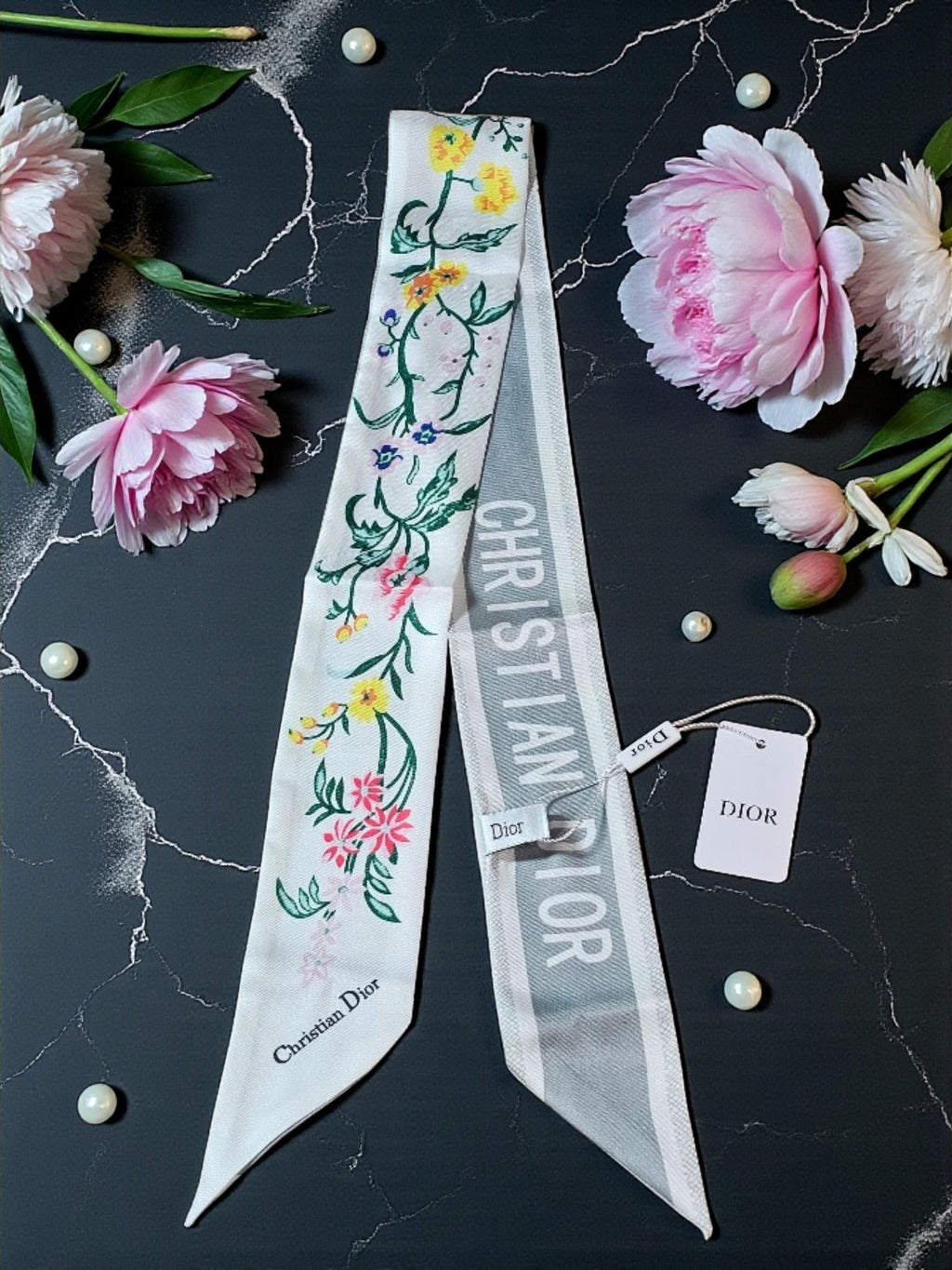 CD Logo Summer 2026 White Floral Bag and Hair Scarf NWT