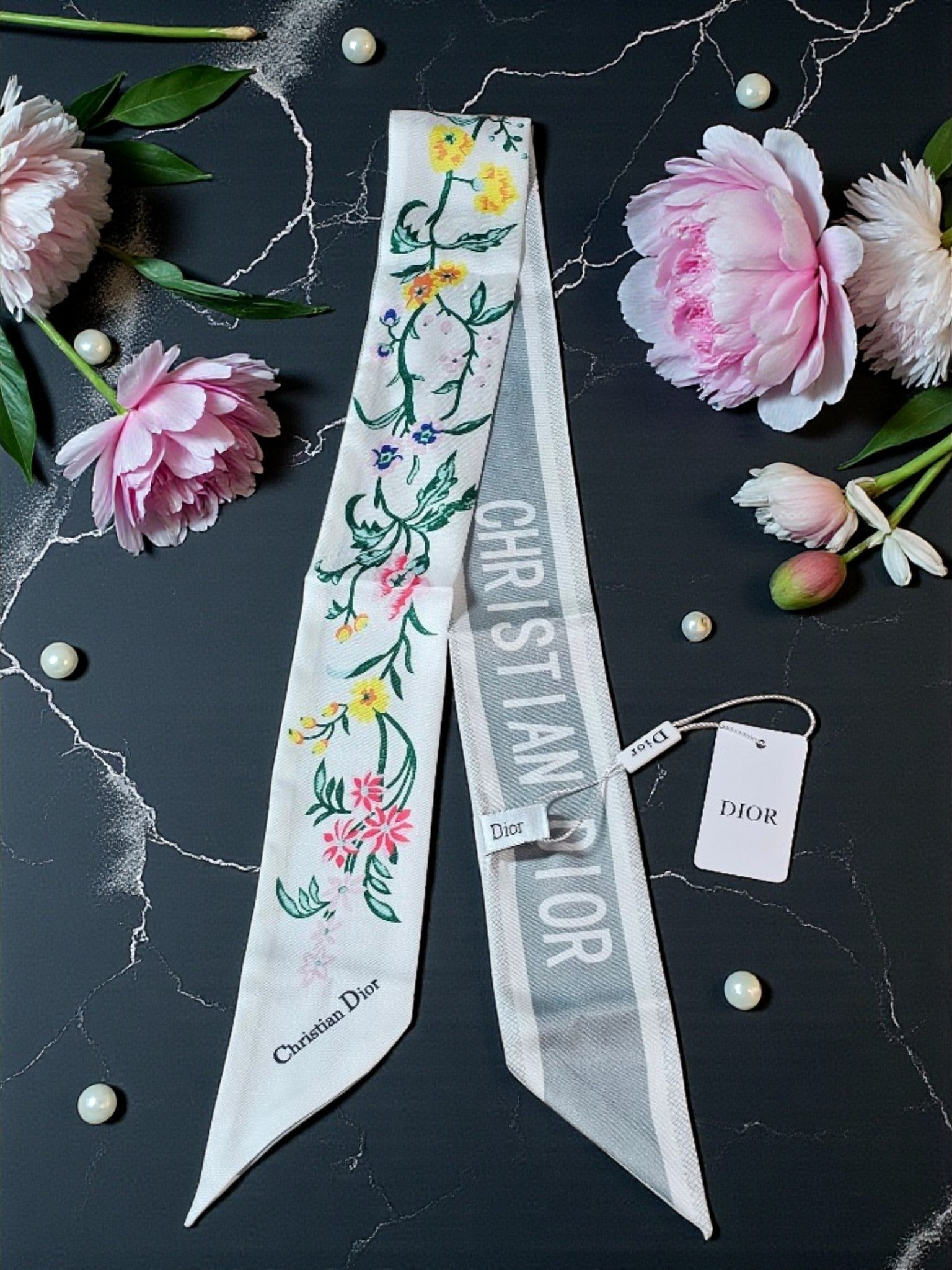 CD Logo Summer 2026 White Floral Bag and Hair Scarf NWT