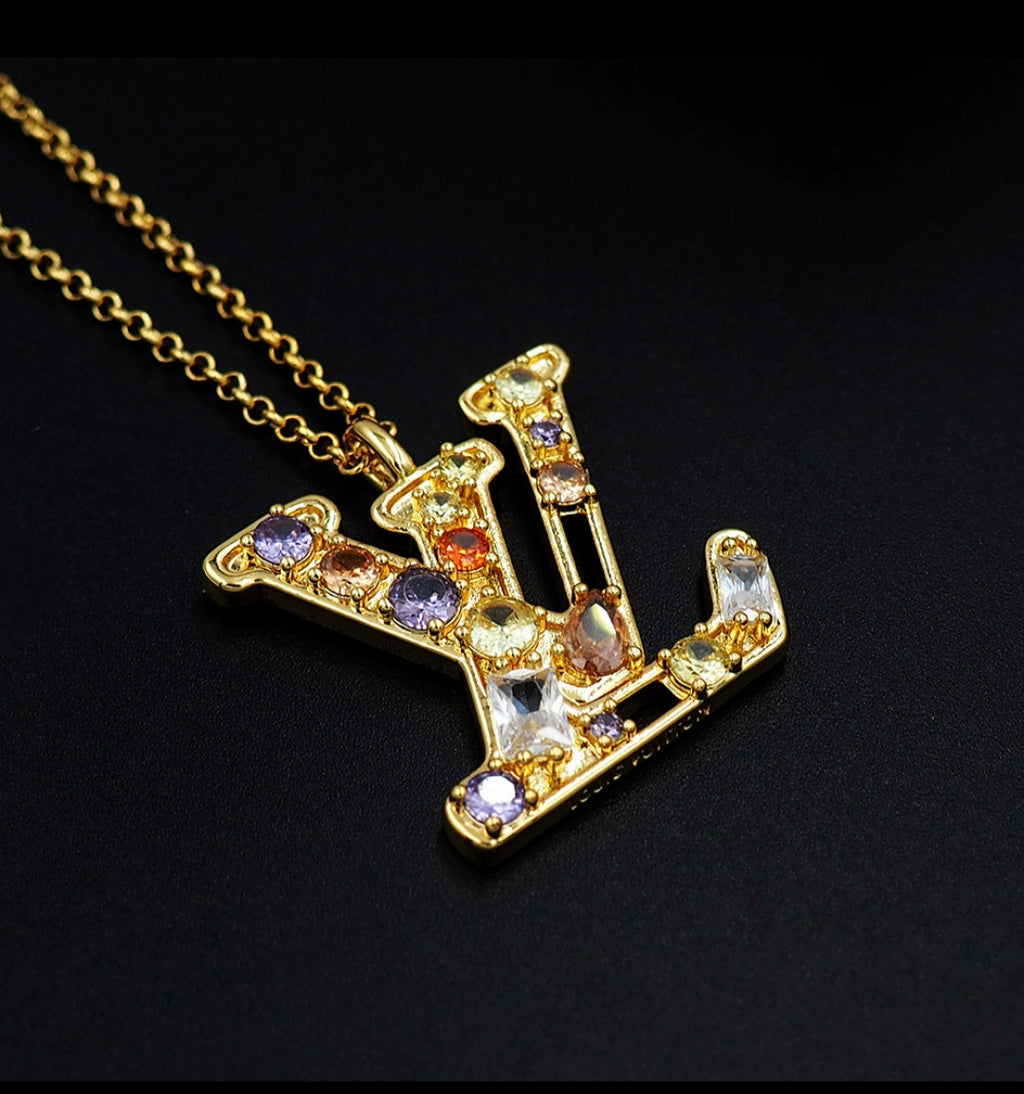 18K gold plated Gemstone Logo Dangle Necklace