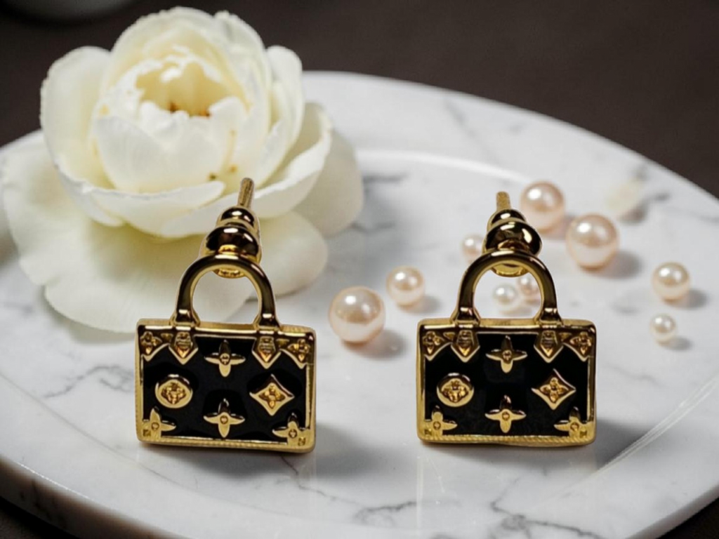 Gold and Black purse Pierced Stud Earrings