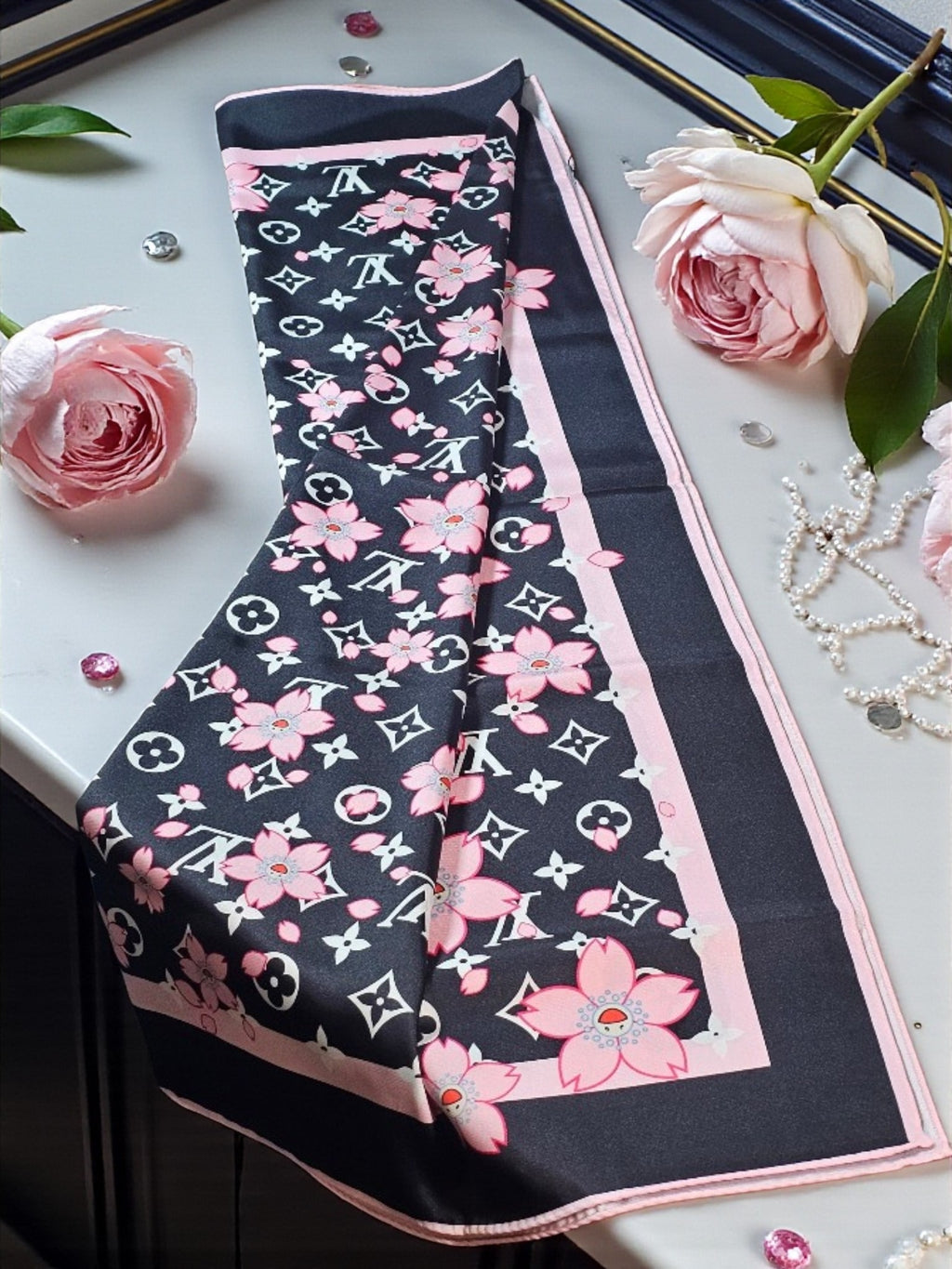 100% Silk LV Logo Black and Punk Cherry Blossom Large Scarf