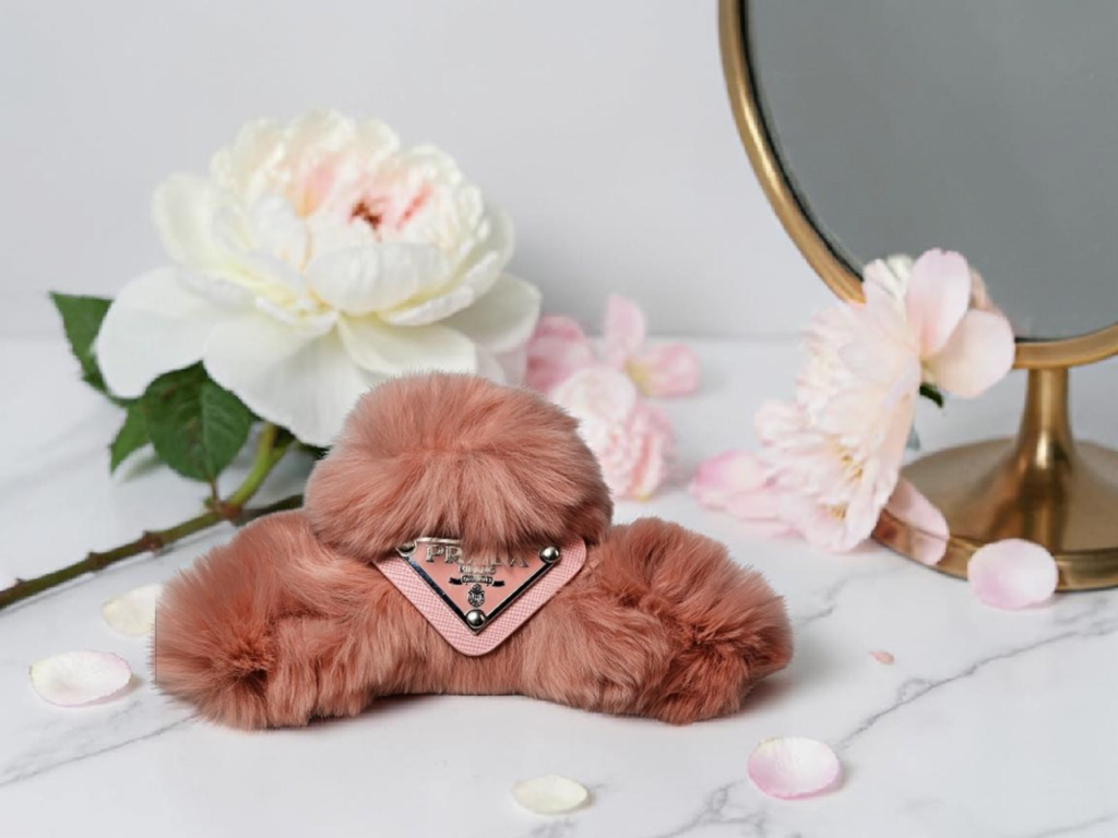 Logo Charm Pink Fur Hair Claw Clip Spring