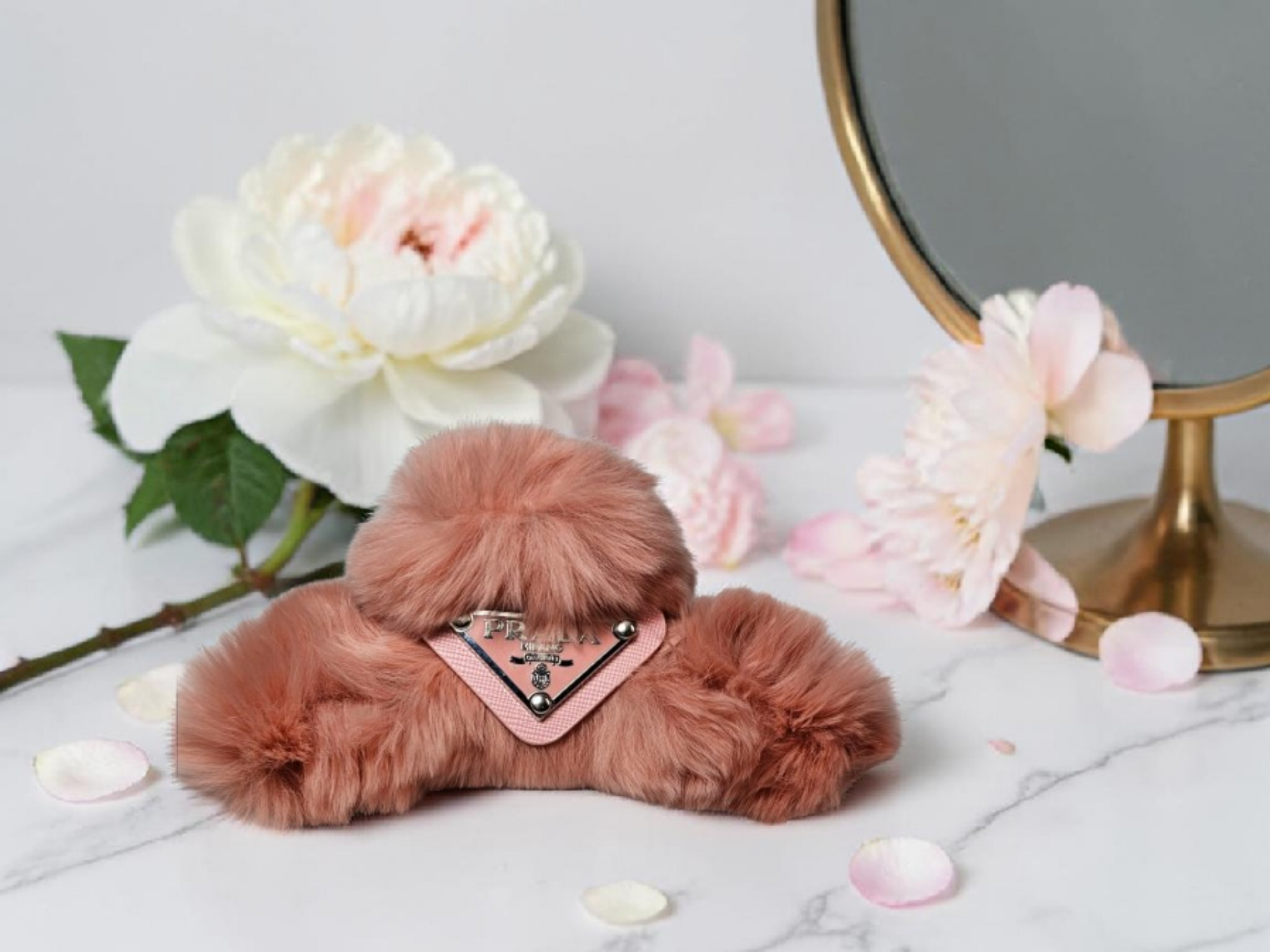 Logo Charm Pink Fur Hair Claw Clip Spring