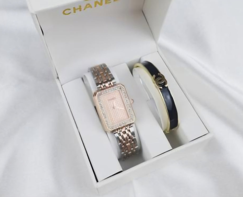 C logo Statement watch Rose Gold styling with stackable bangle Bracelet