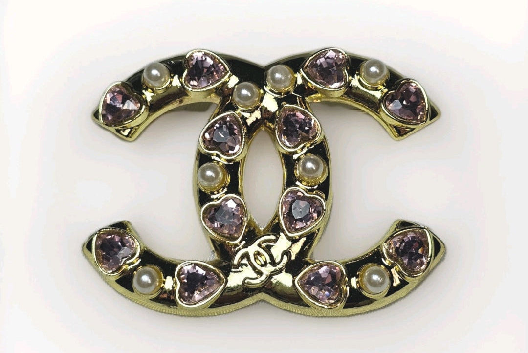Chanel Gold & Pink Heart Charm Rhinestone Brooch