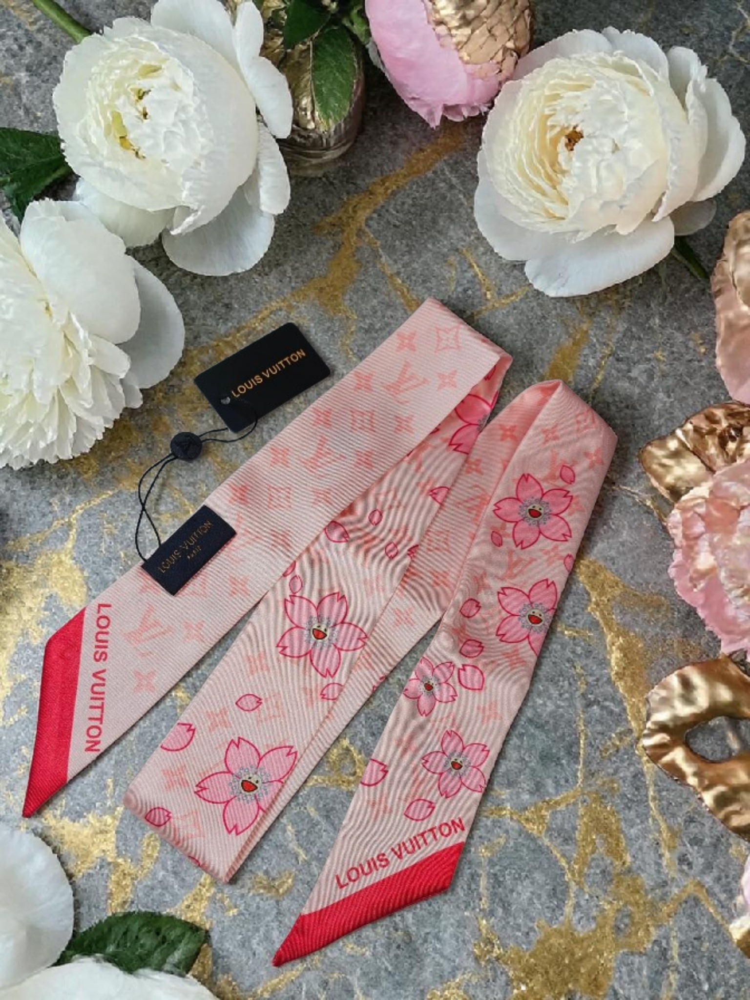 Louis Logo 100% Silk Bag/ Hair Scarf Made in Italy Pink Blossom