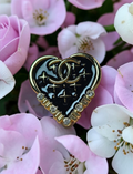 Chanel Black and Gold Charm Heart Pin Brooch