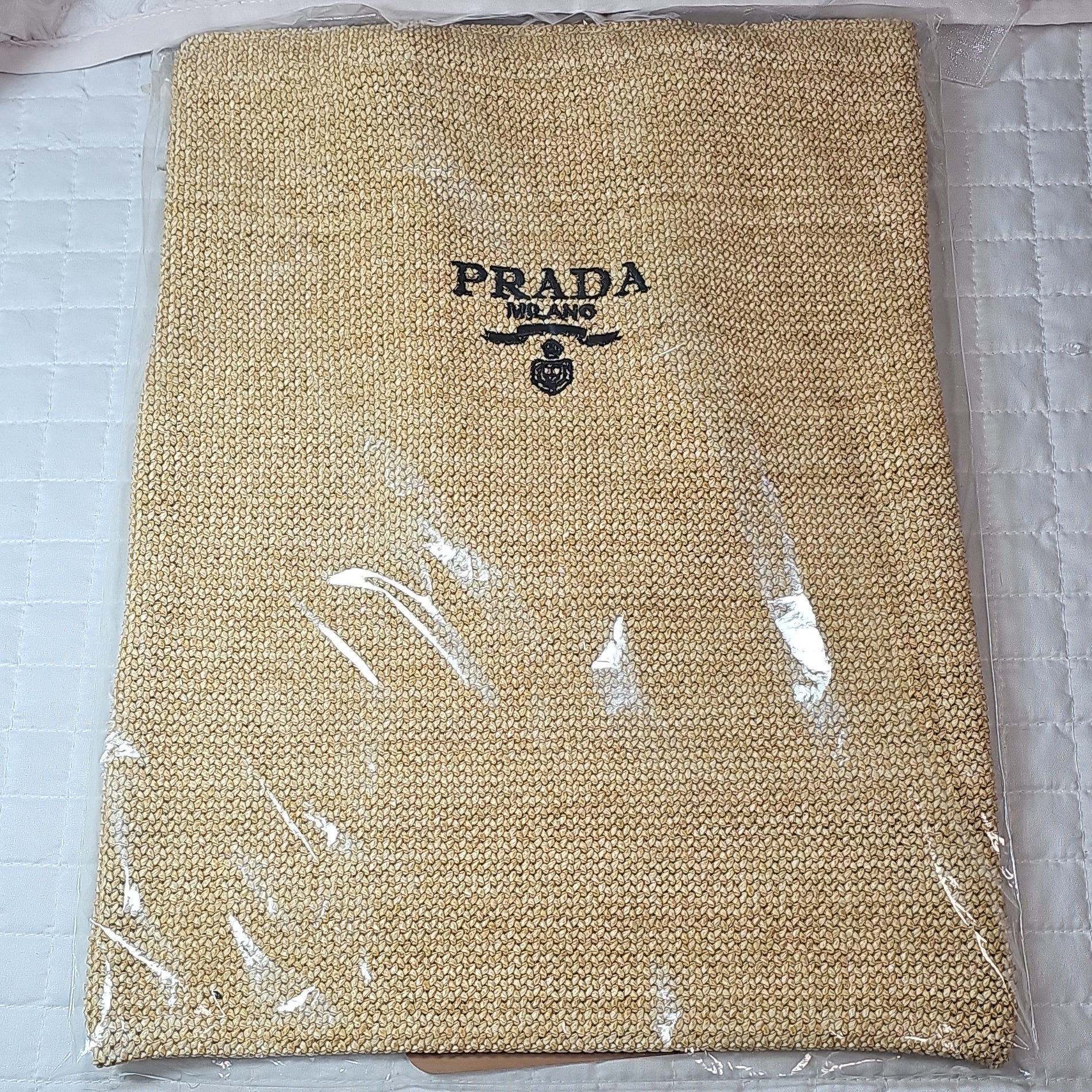 Prada Beauty Beige Double Woven Raffia Tote Bag NIB