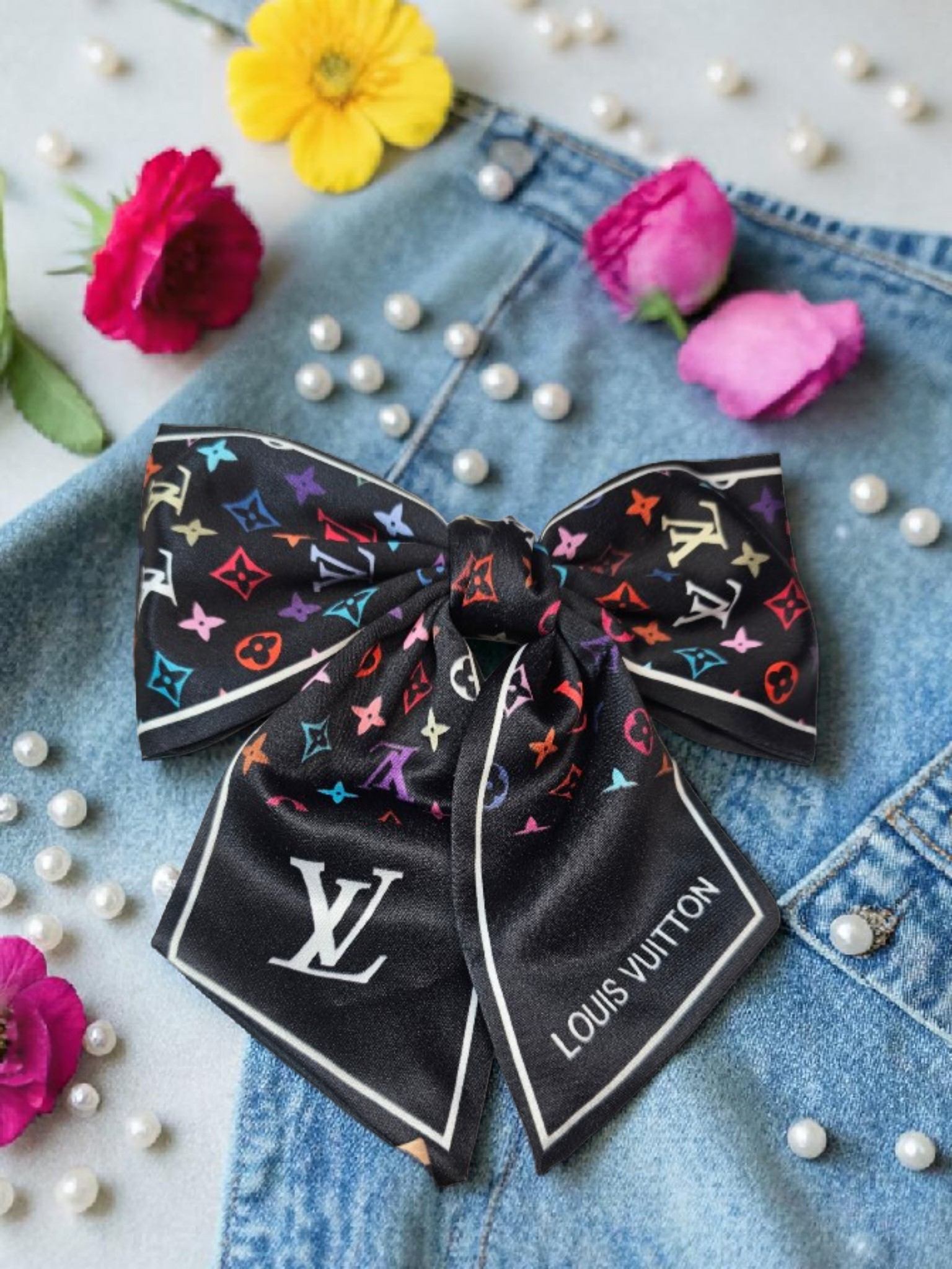 Louis x Murakami Logo Black 100% Silk Hair Bow