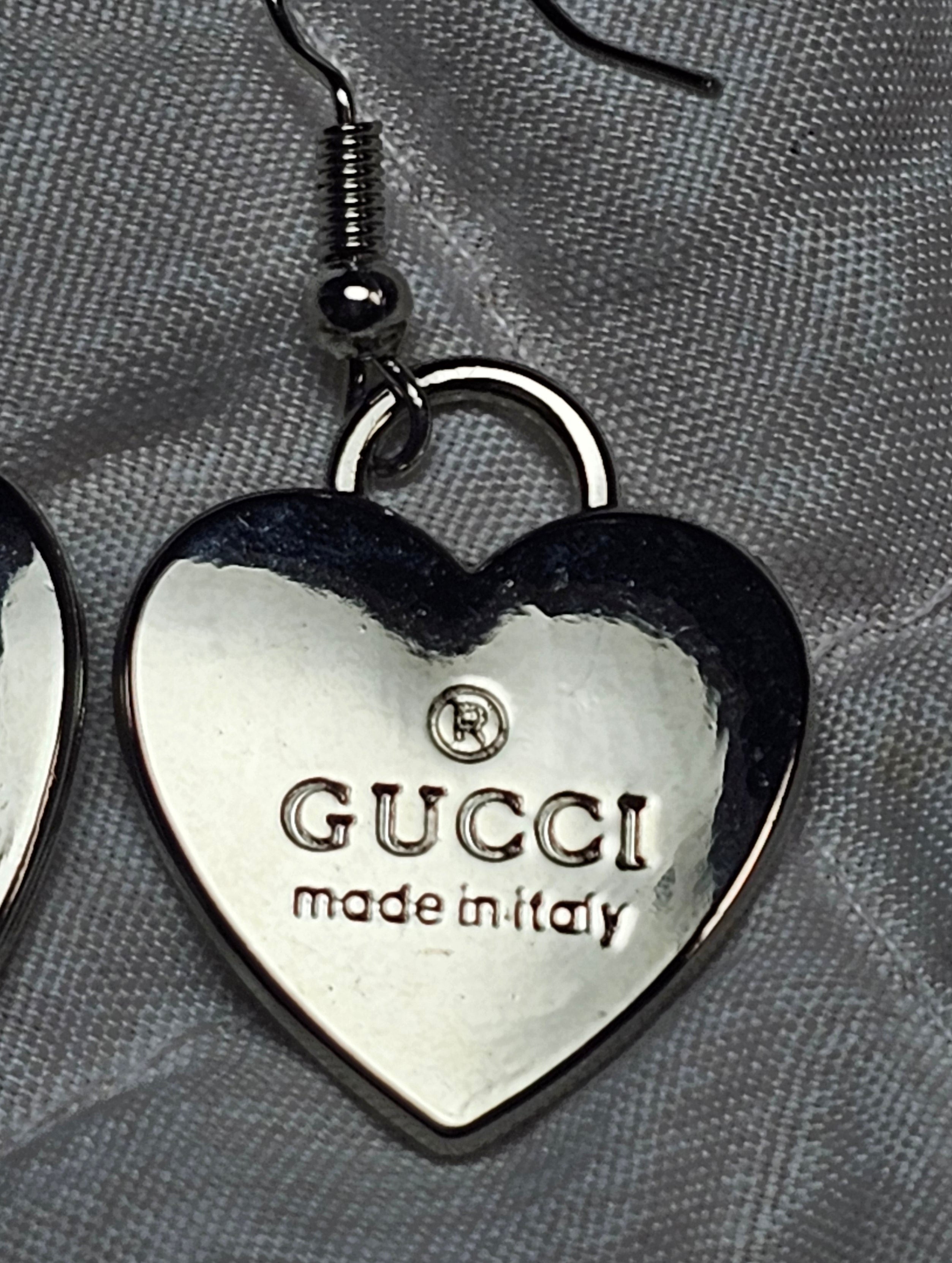 Silver Gucci Charm Heart Drop Earrings