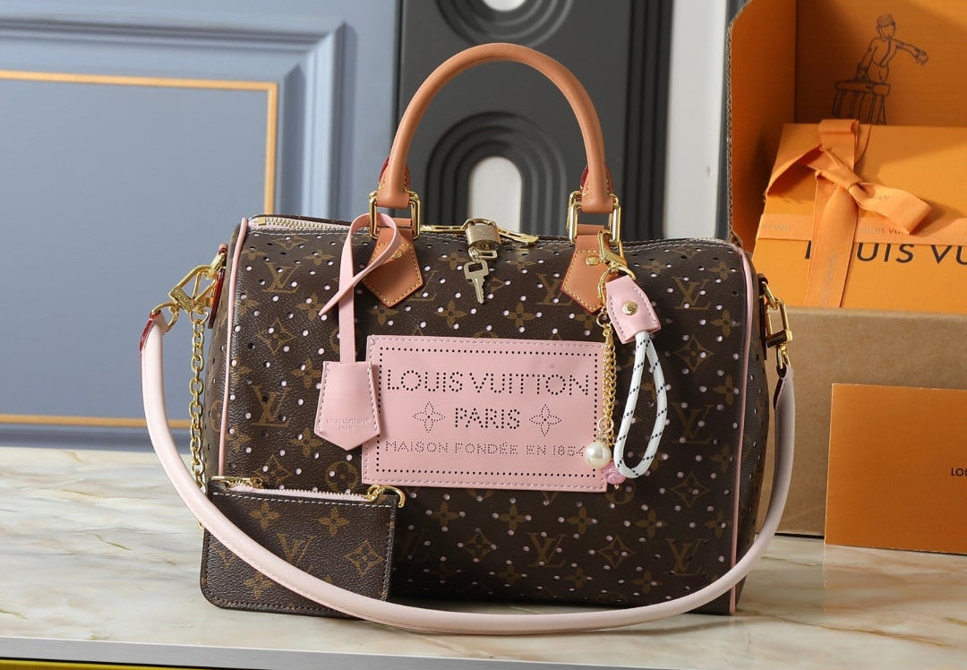 L Logo Brown Monogram Perforated Barrel Bag w/Pink