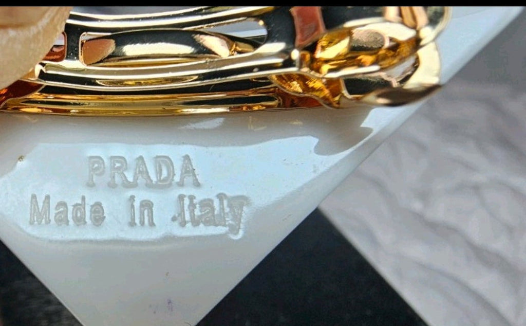 Prada Gold Logo charm White Floral Triangle Floral Hair Clip