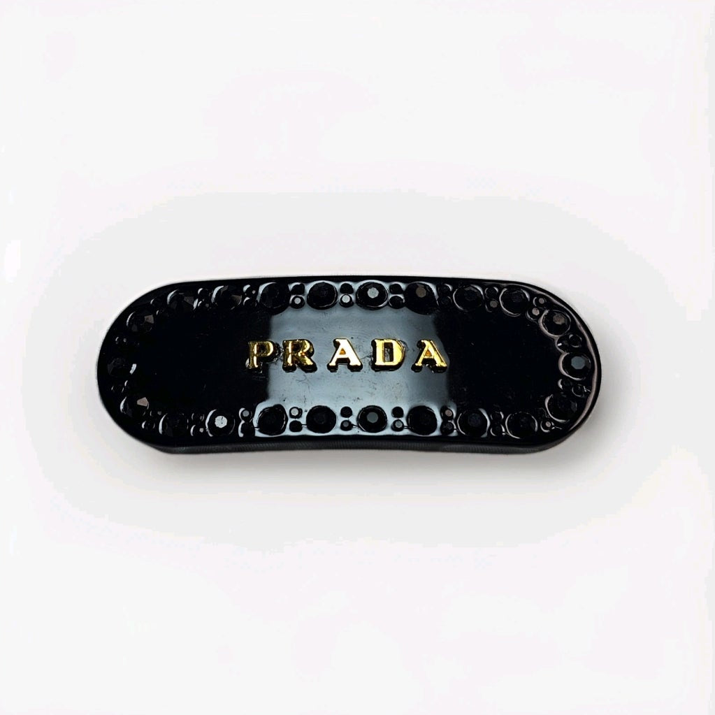 Black Gemstone Luxury Prada Logo Sparkling Stone Hair Clip