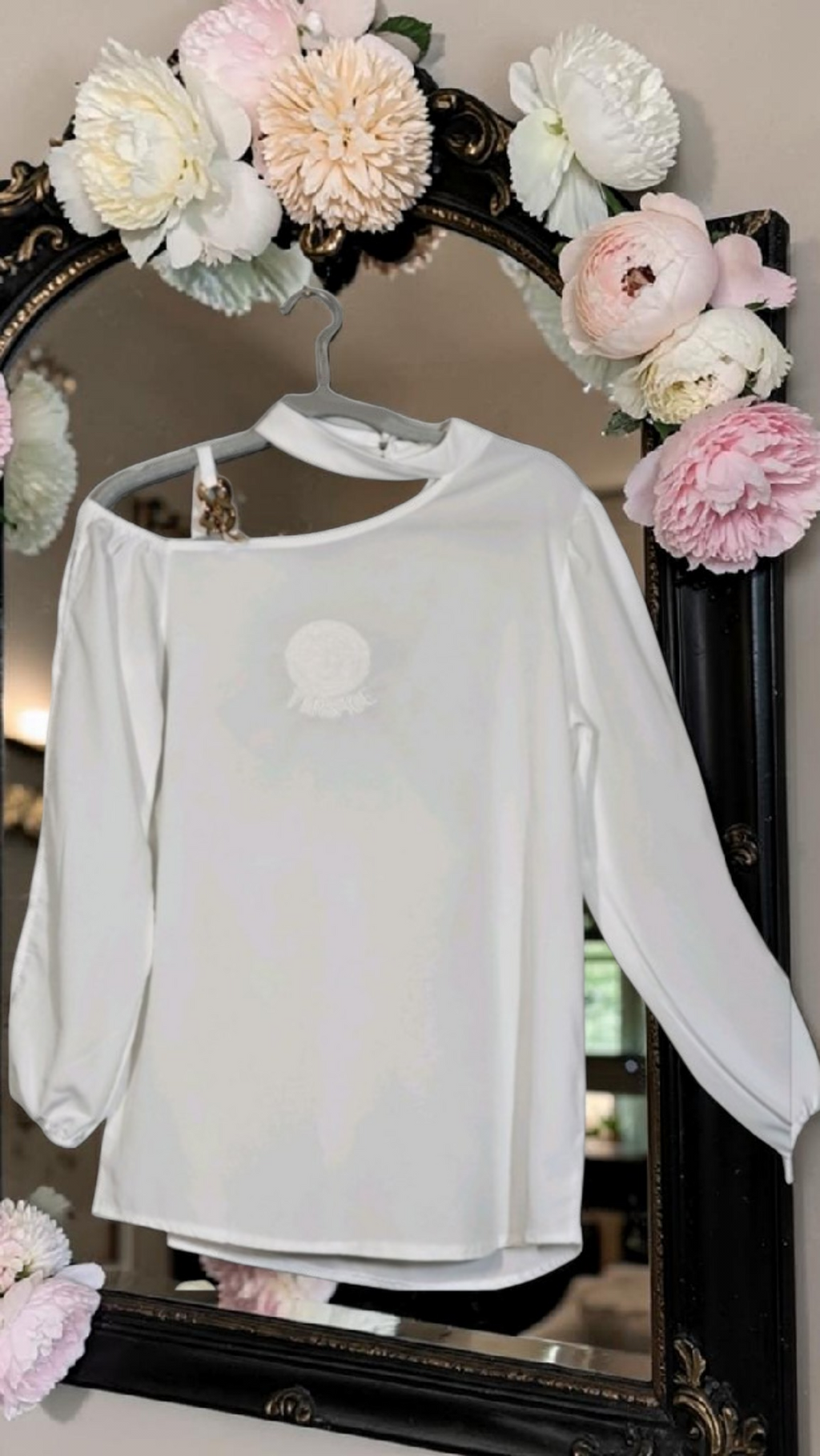 Medusa logo White Silk Blend Asymmetric Embroidered Blouse Size US Large