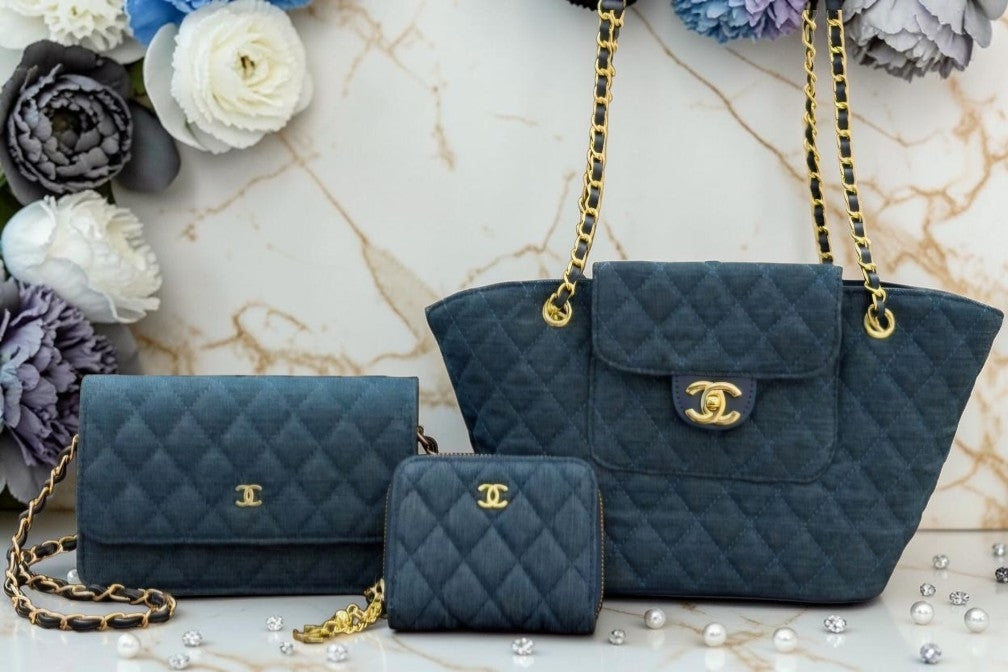 3 piece Quilted Denim Tote Bag, Wallet, and Single flap crossbody bag