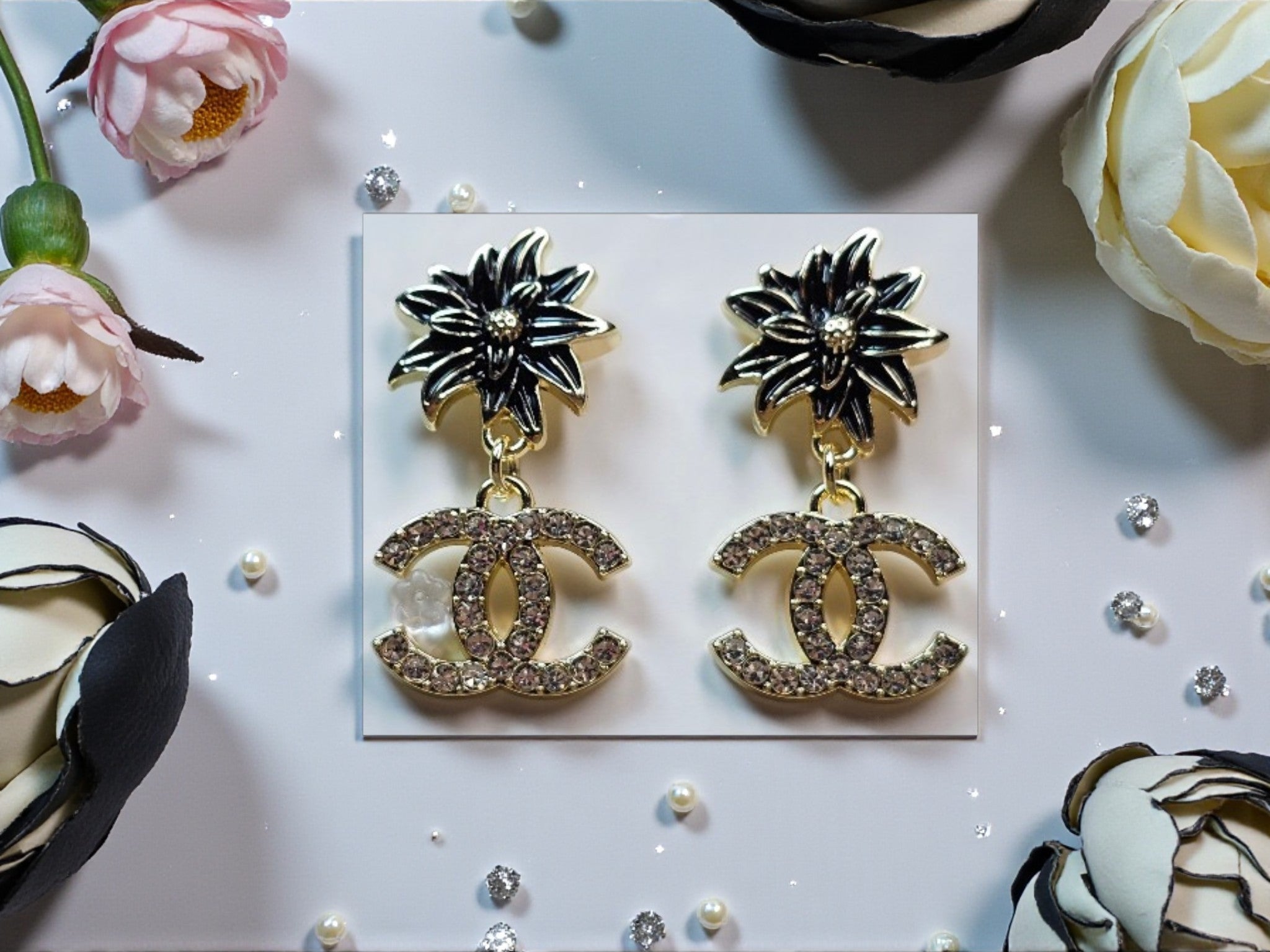18K gold plated Floral CC logo Dangle Pierced Stud Earrings