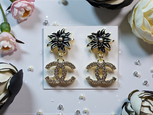 18K gold plated Floral CC logo Dangle Pierced Stud Earrings