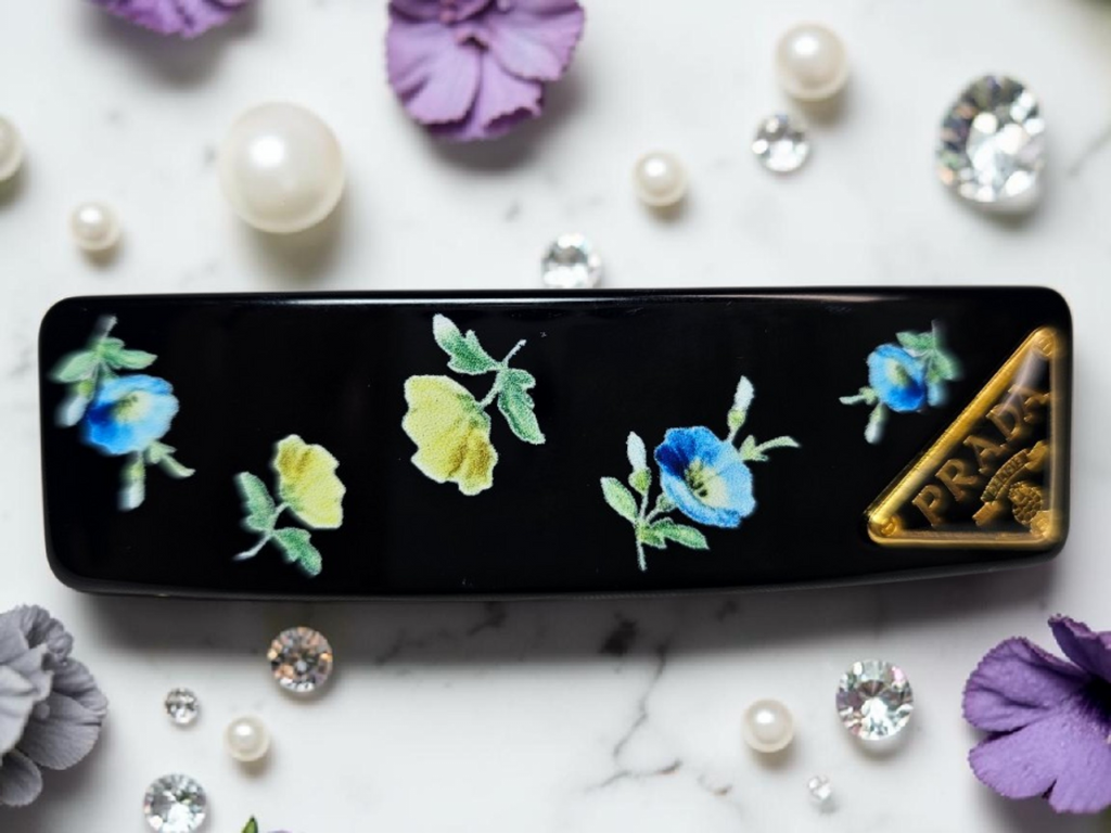 Black Floral and Gold Logo Charm Barrette/ Hair Clip Black Floral Spring