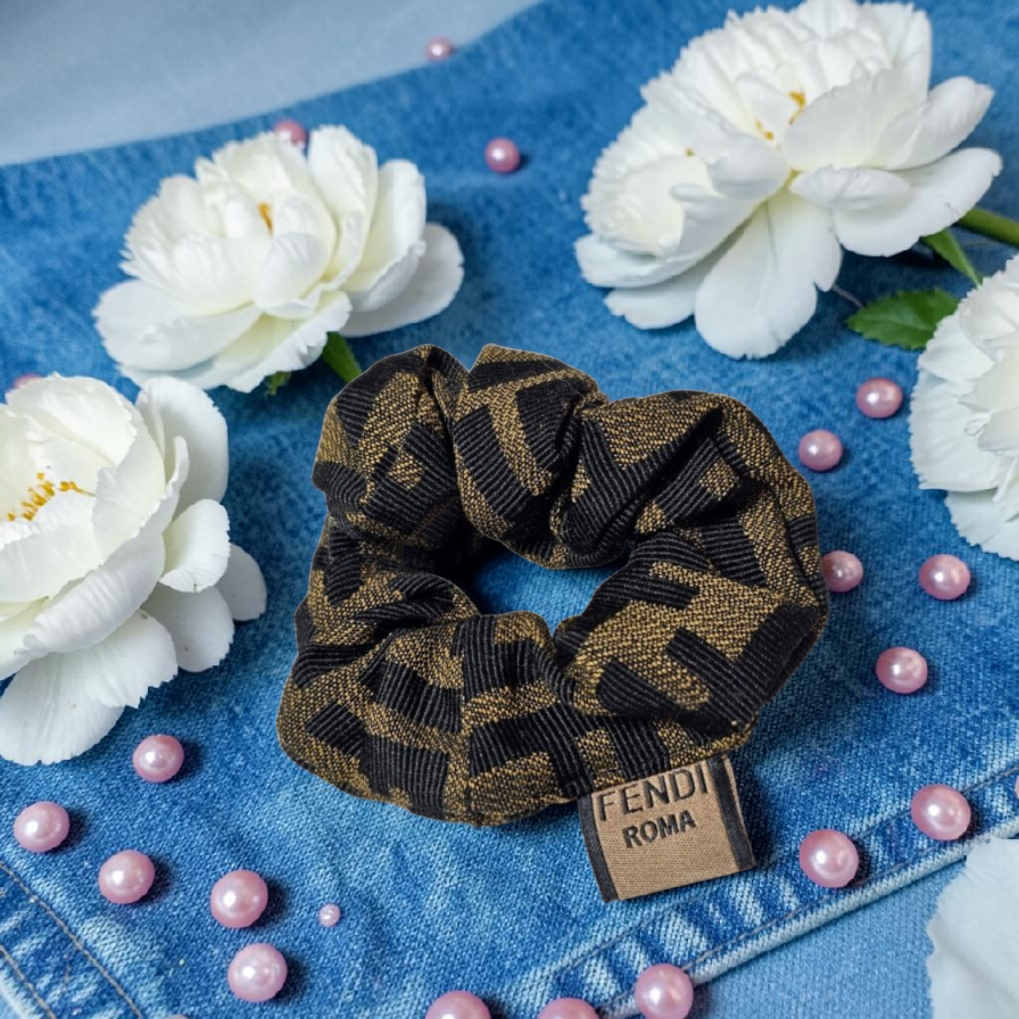 Black and brown FF Logo  Monogram Scrunchie