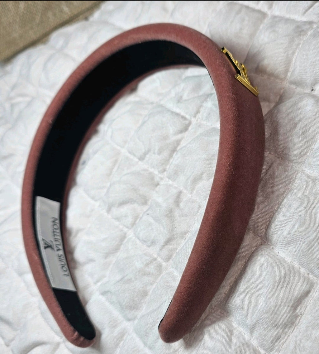 Pink Velour Louis Vuitton logo Charm Headband