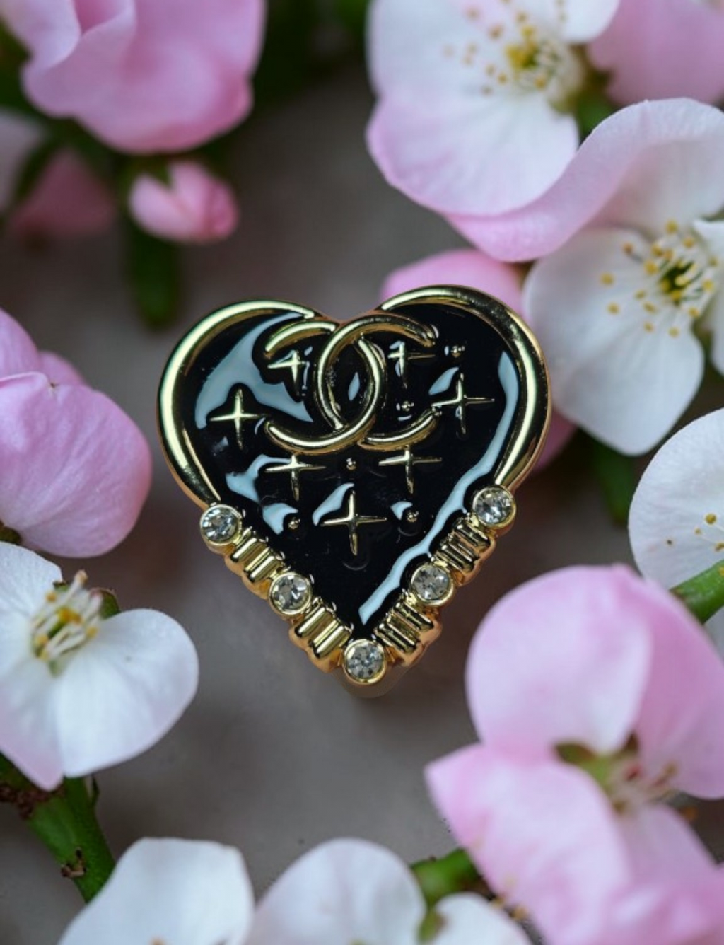 Chanel Black and Gold Charm Heart Pin Brooch