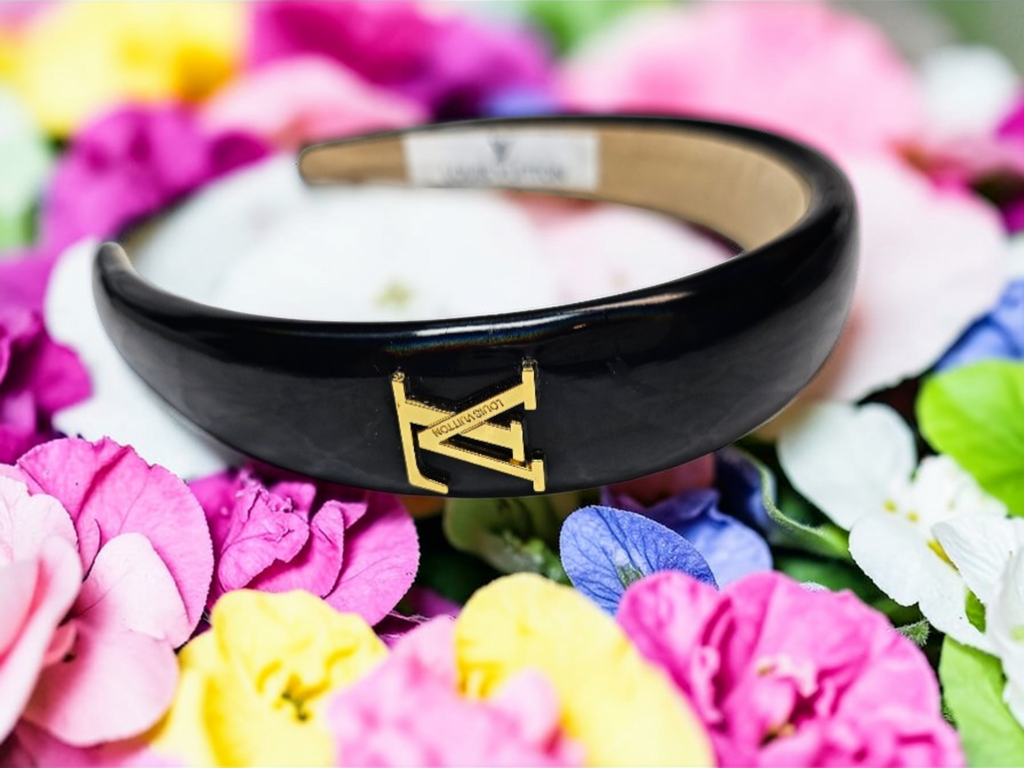 Black Patent Leather Louis Vuitton Gold logo Charm Headband